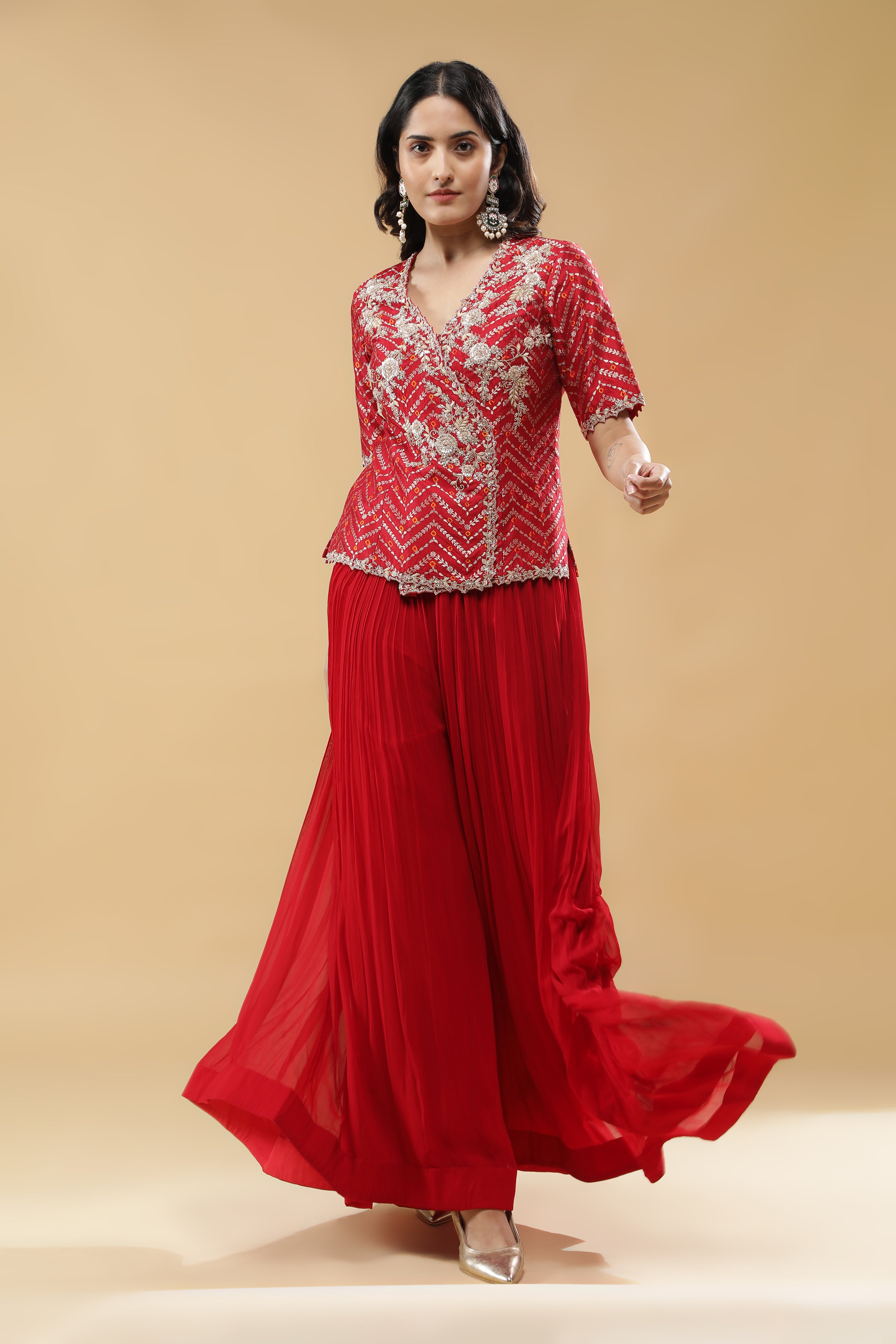 Red Bandhej Silk Peplum Indo-Western