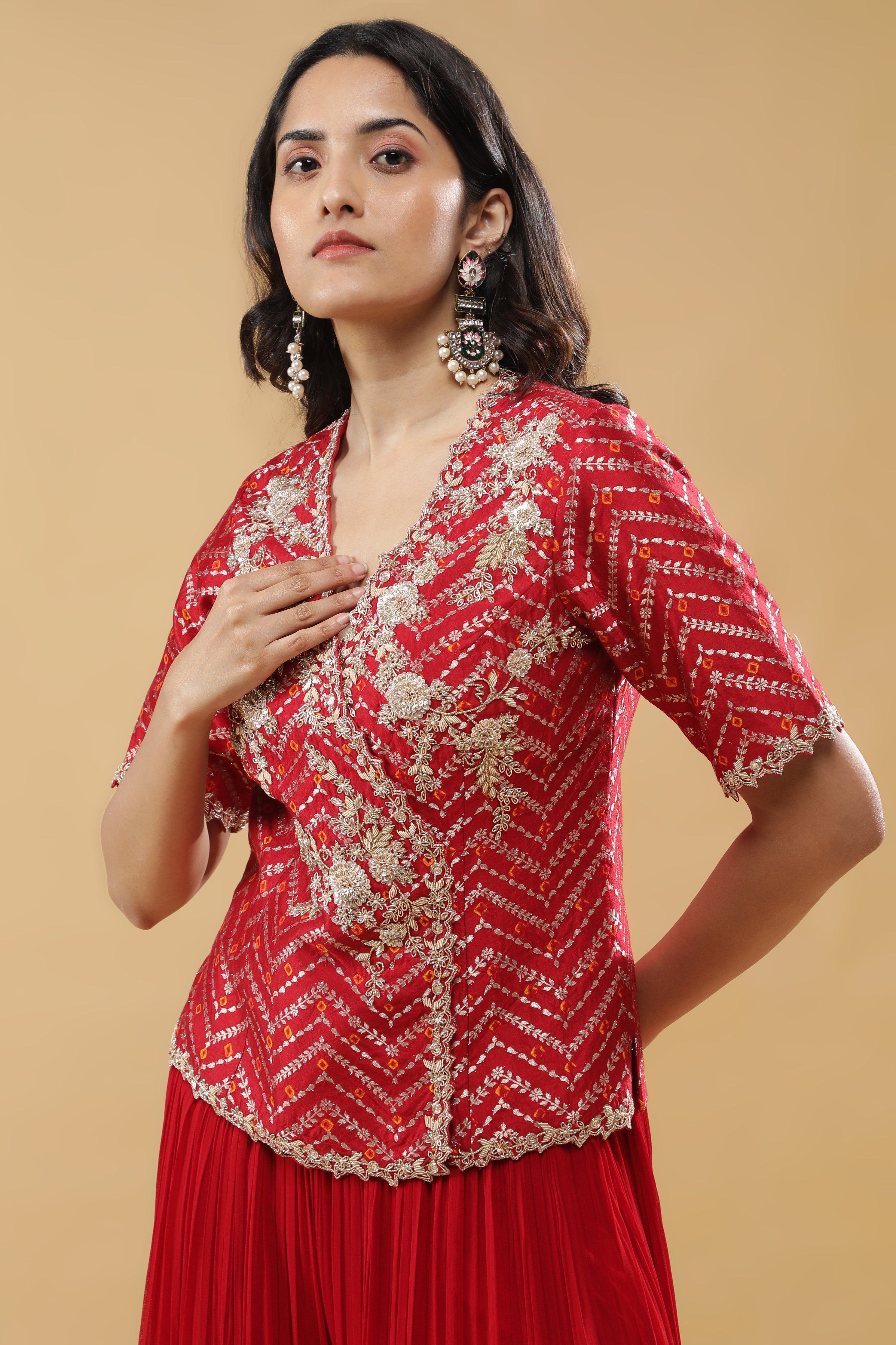Red Bandhej Silk Peplum Indo-Western