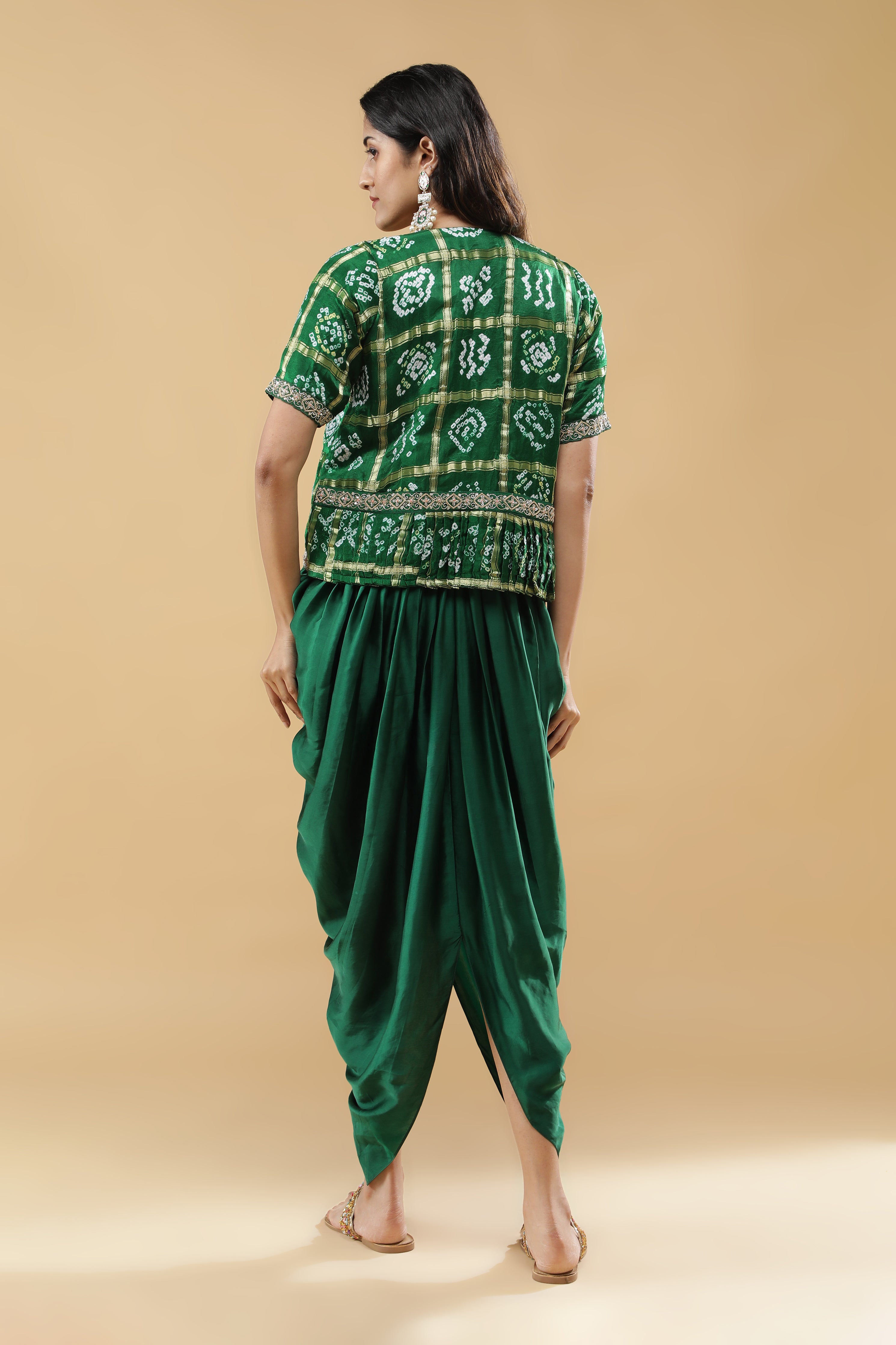 Bottle Green Satin Silk Drape Gown with Bandhej Jacket