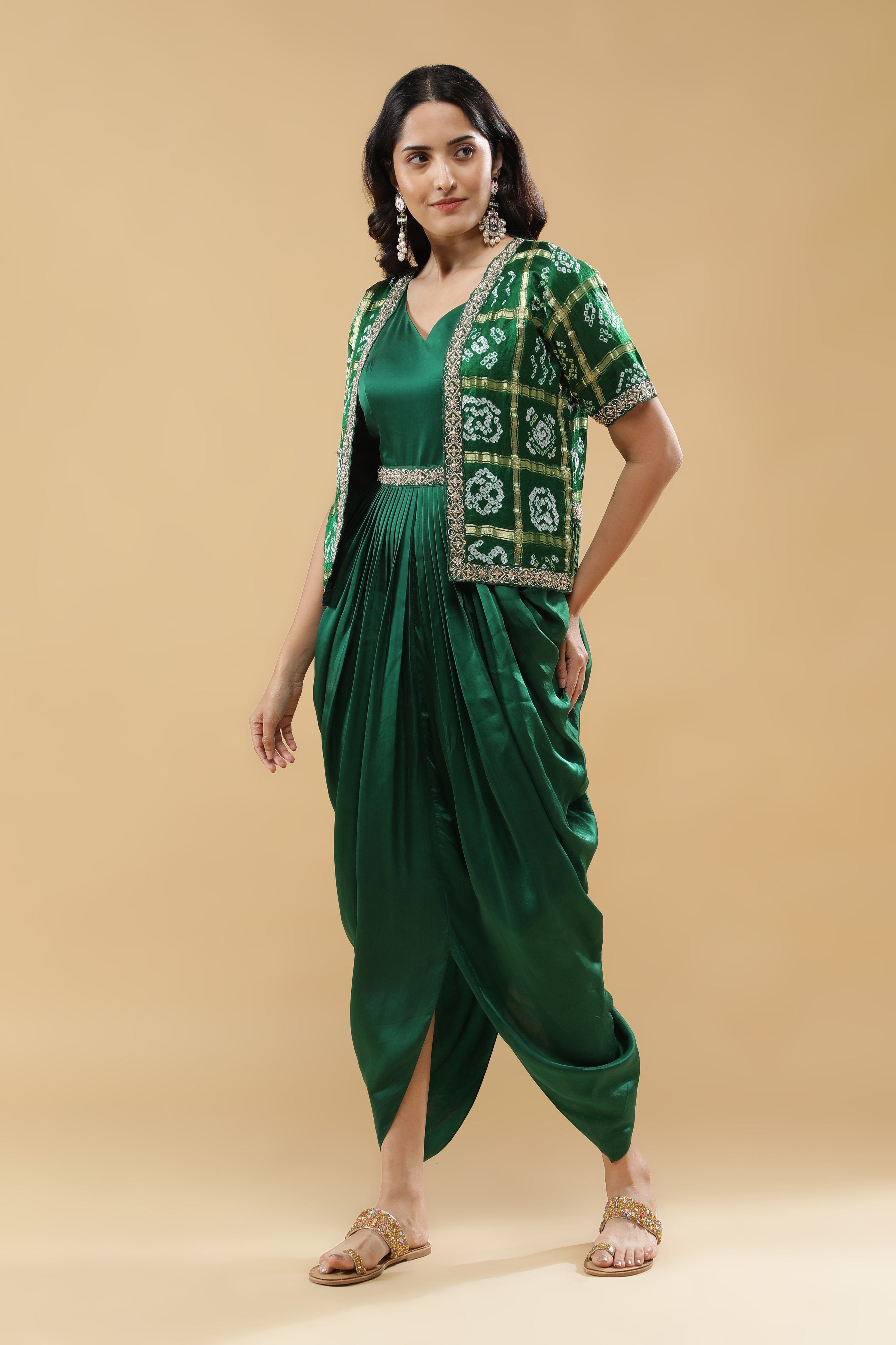 Bottle Green Satin Silk Drape Gown with Bandhej Jacket