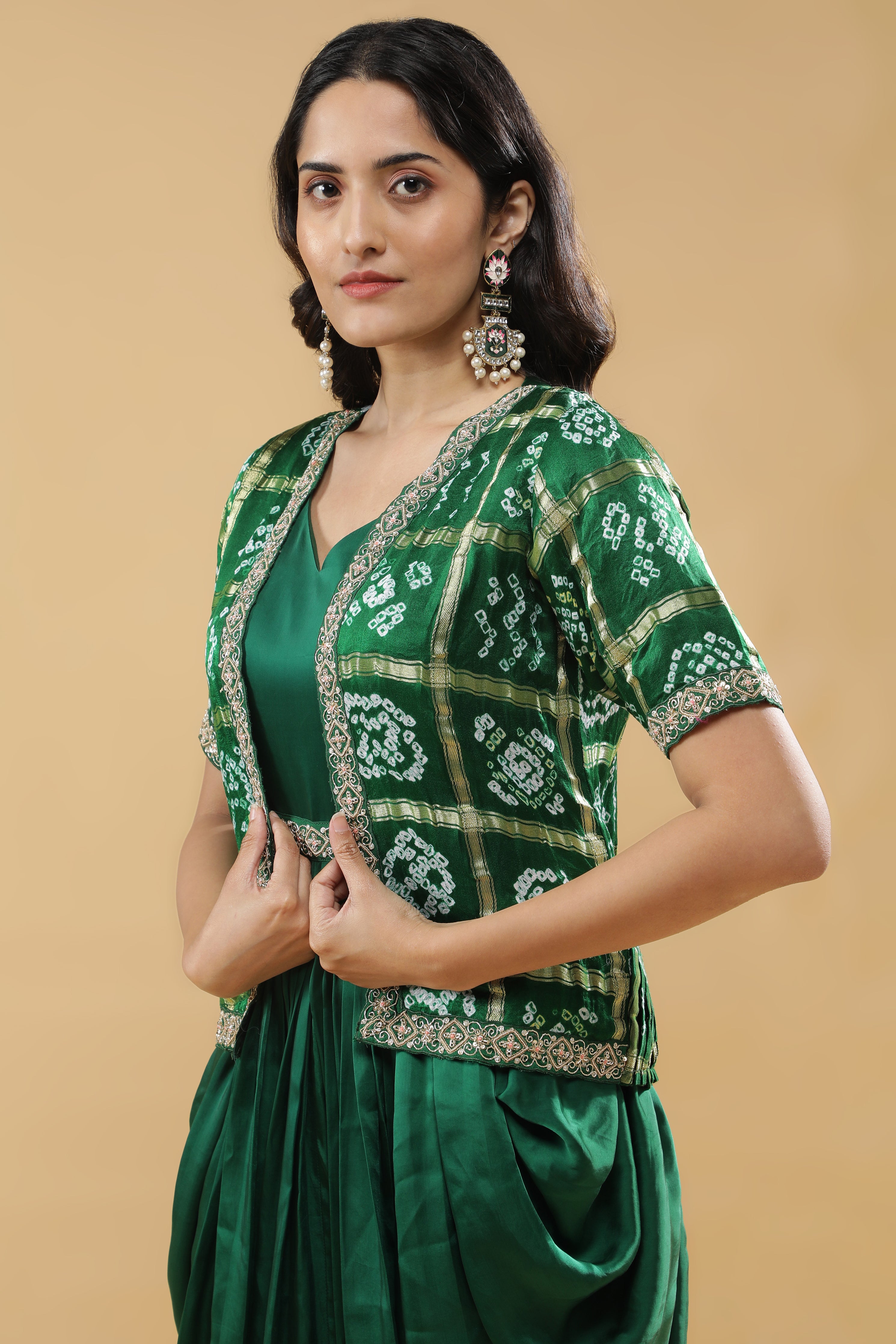 Bottle Green Satin Silk Drape Gown with Bandhej Jacket