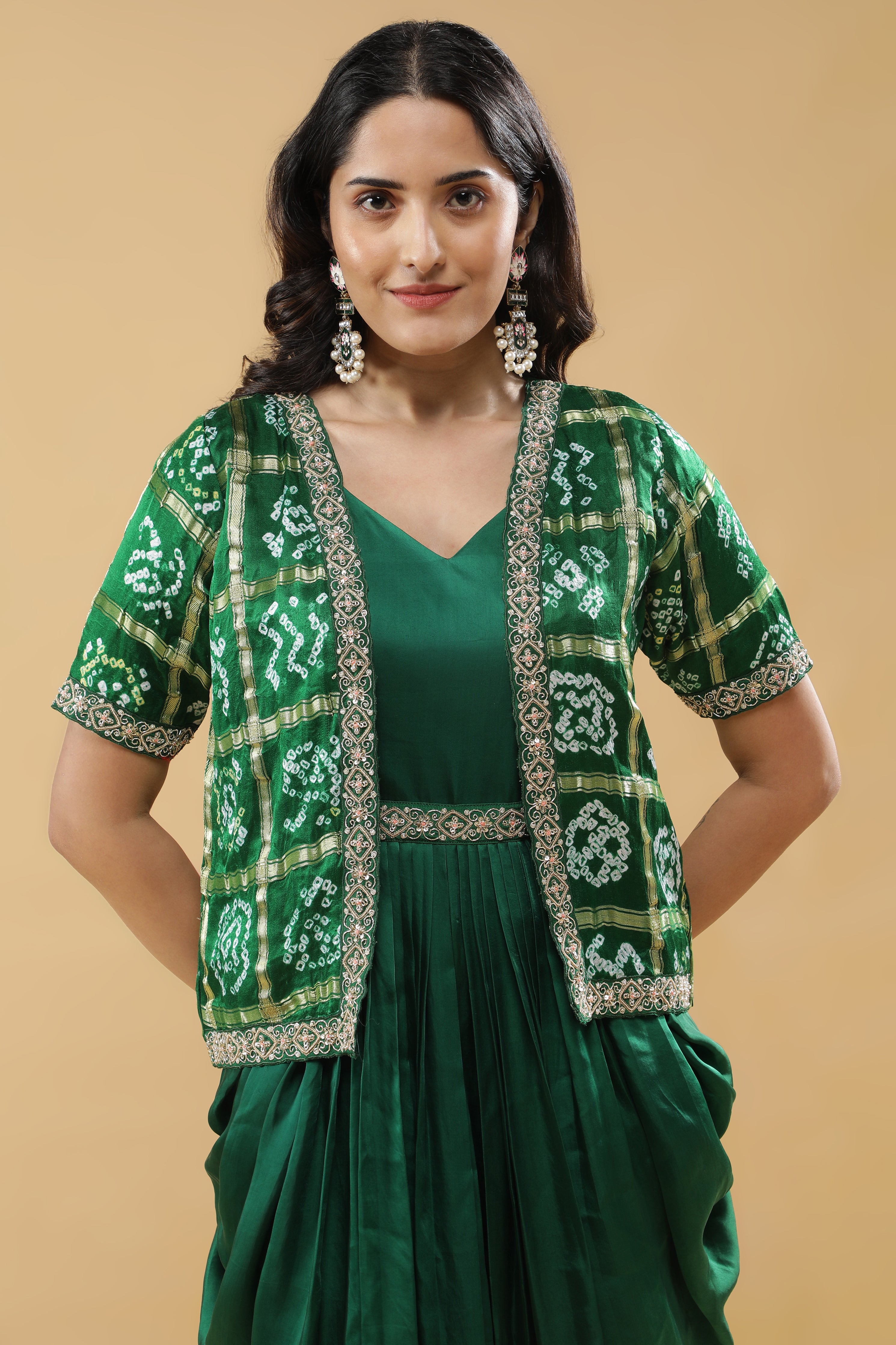 Bottle Green Satin Silk Drape Gown with Bandhej Jacket