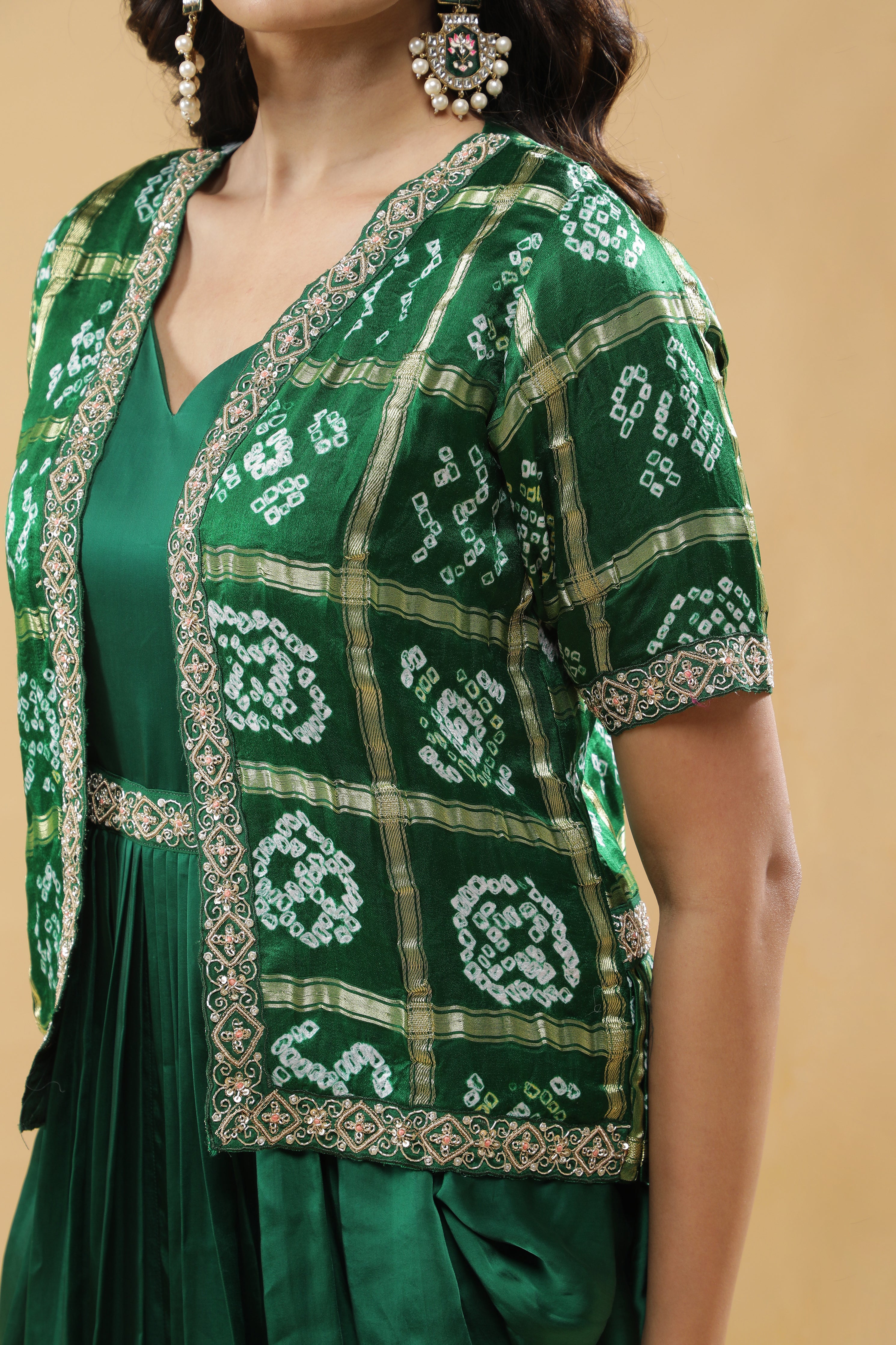 Bottle Green Satin Silk Drape Gown with Bandhej Jacket
