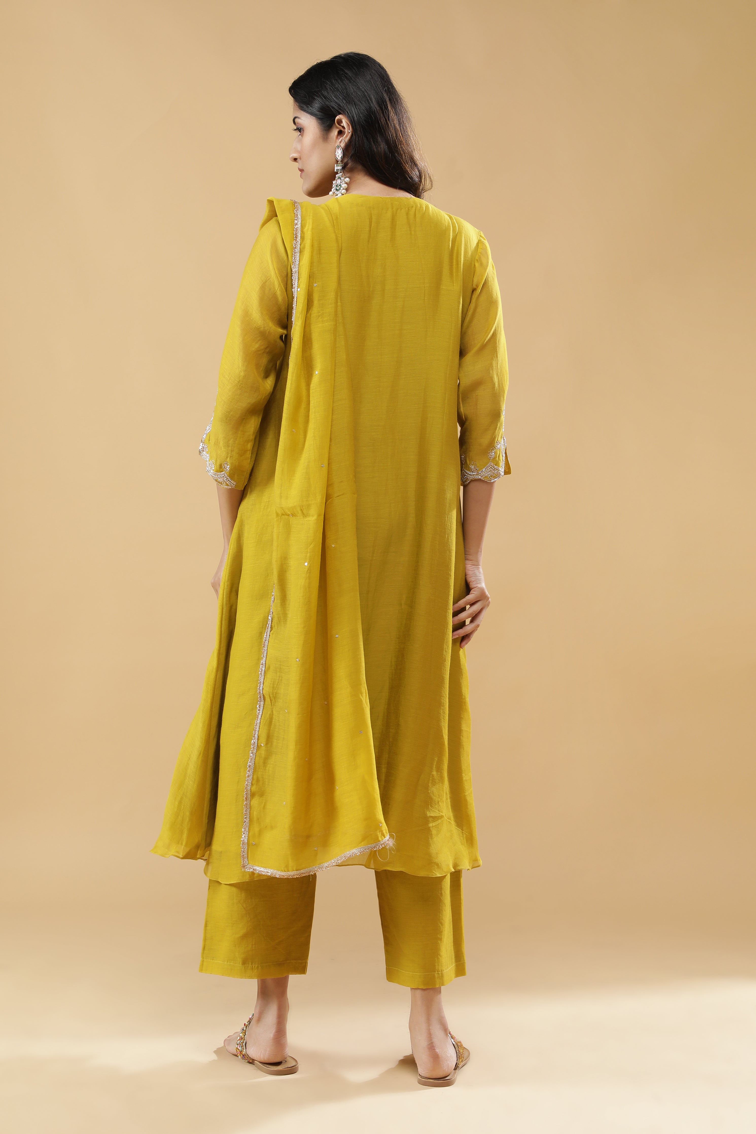 Lime Green Mul Chanderi Anarkali Set