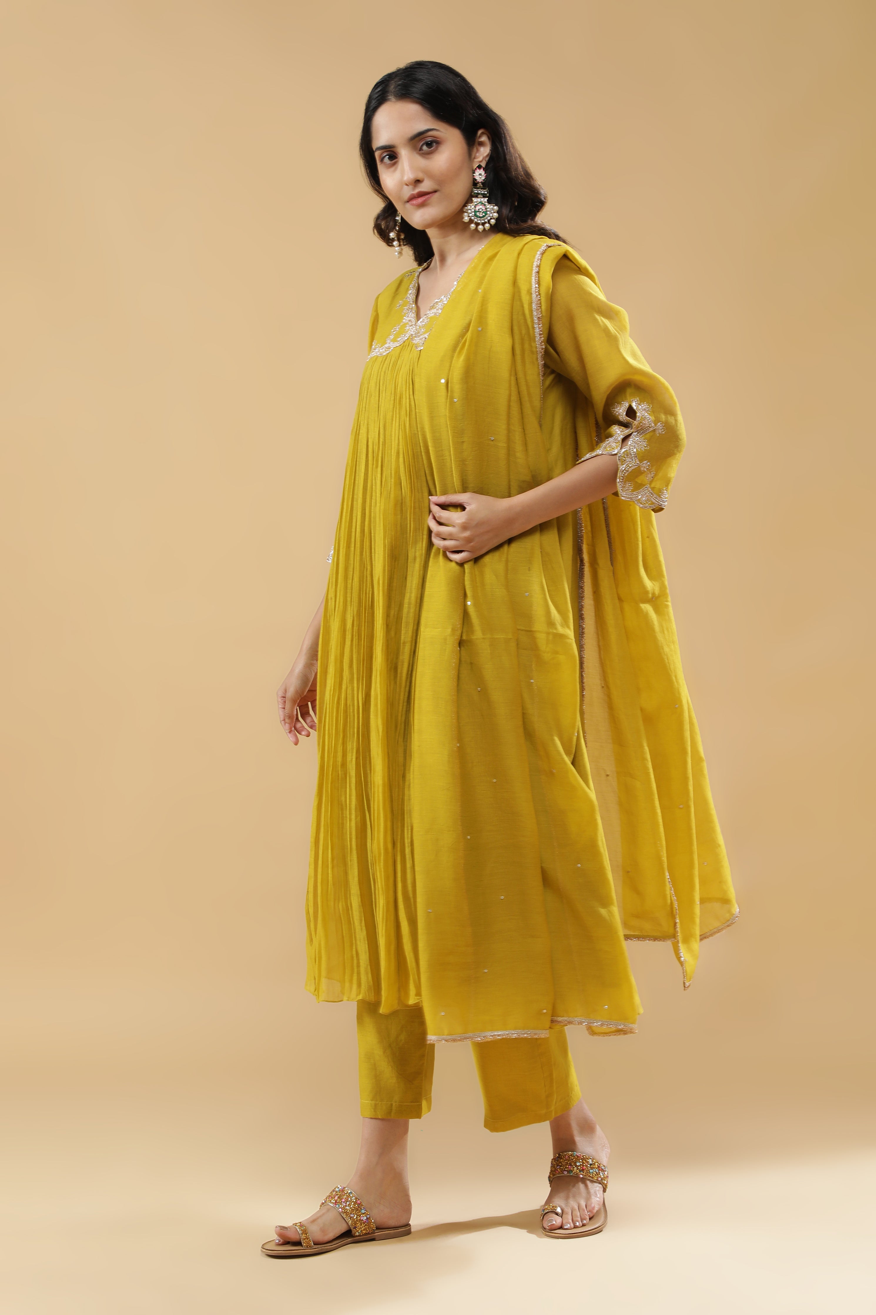 Lime Green Mul Chanderi Anarkali Set