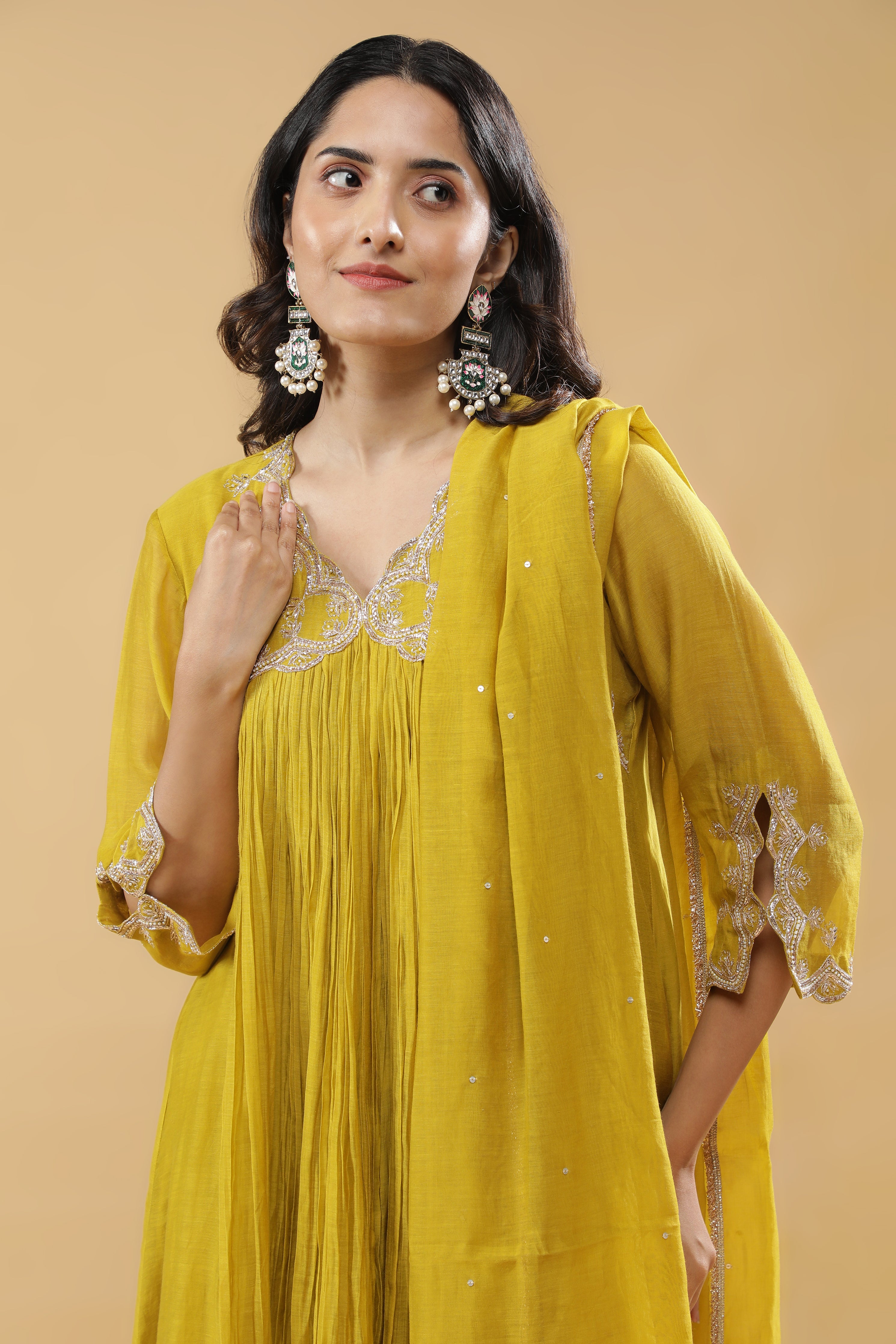 Lime Green Mul Chanderi Anarkali Set