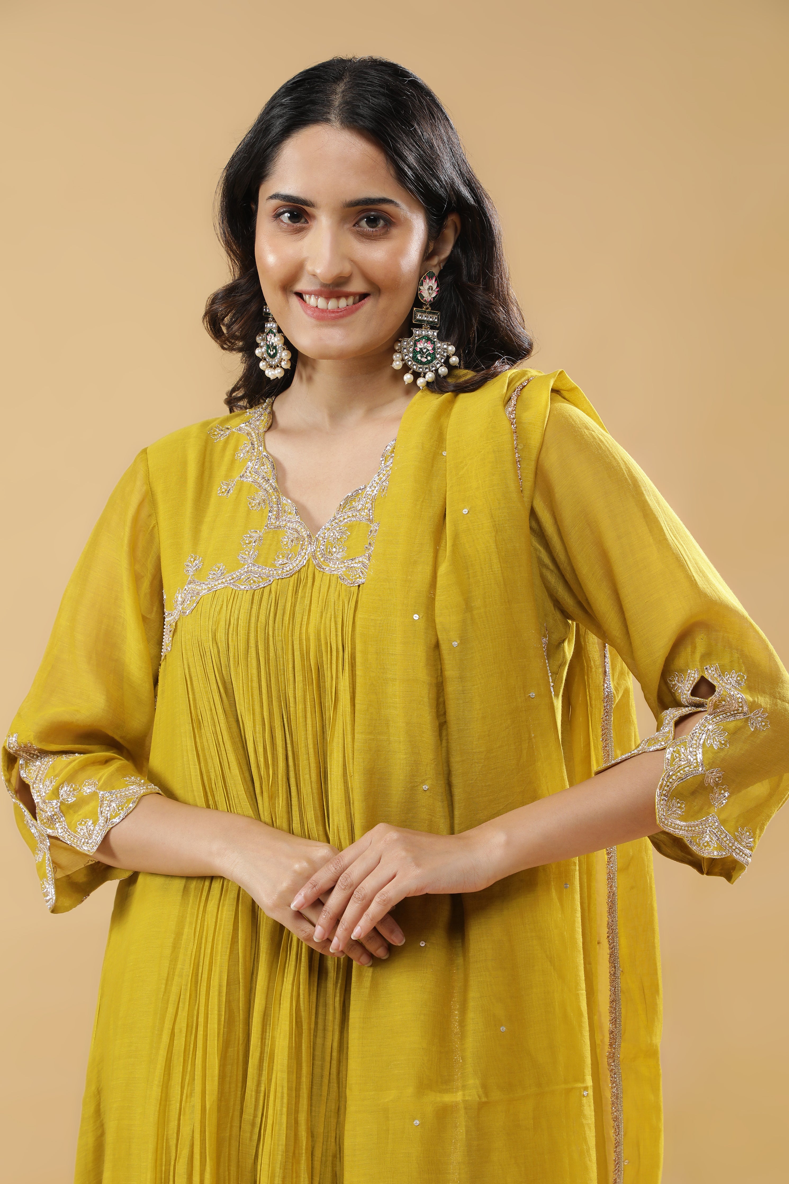 Lime Green Mul Chanderi Anarkali Set