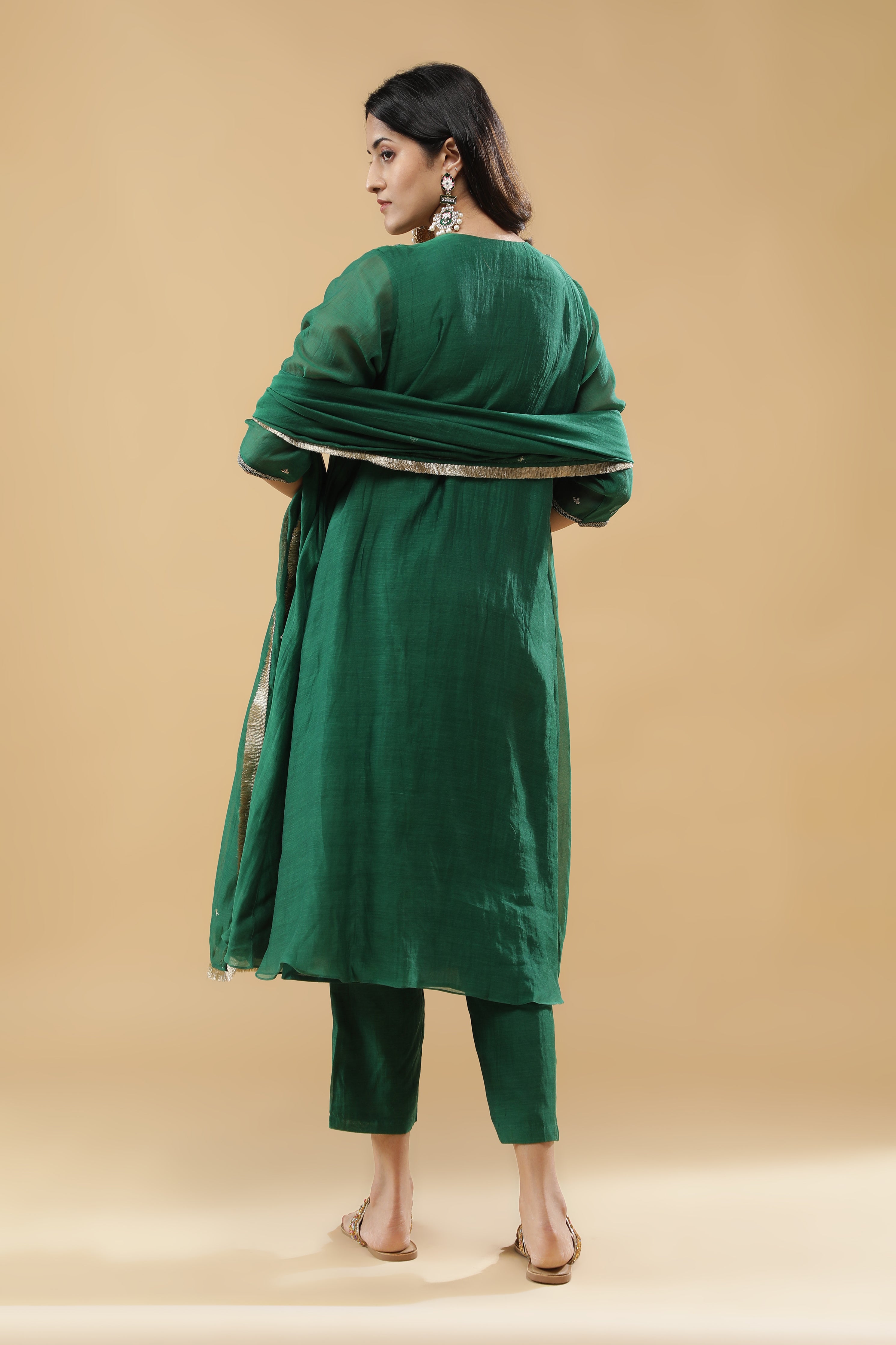 Bottle Green Mul Chanderi Anarkali Set