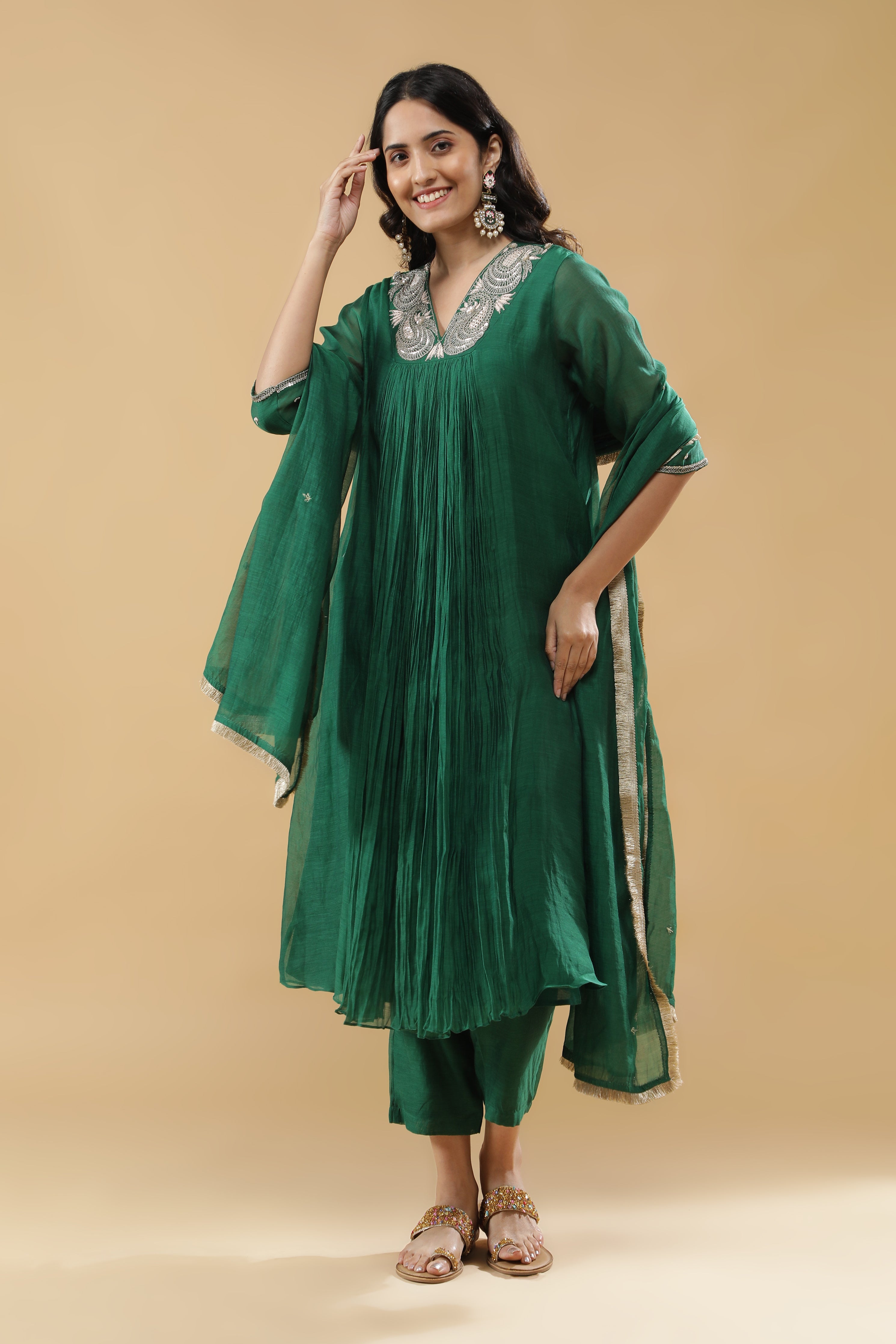 Bottle Green Mul Chanderi Anarkali Set