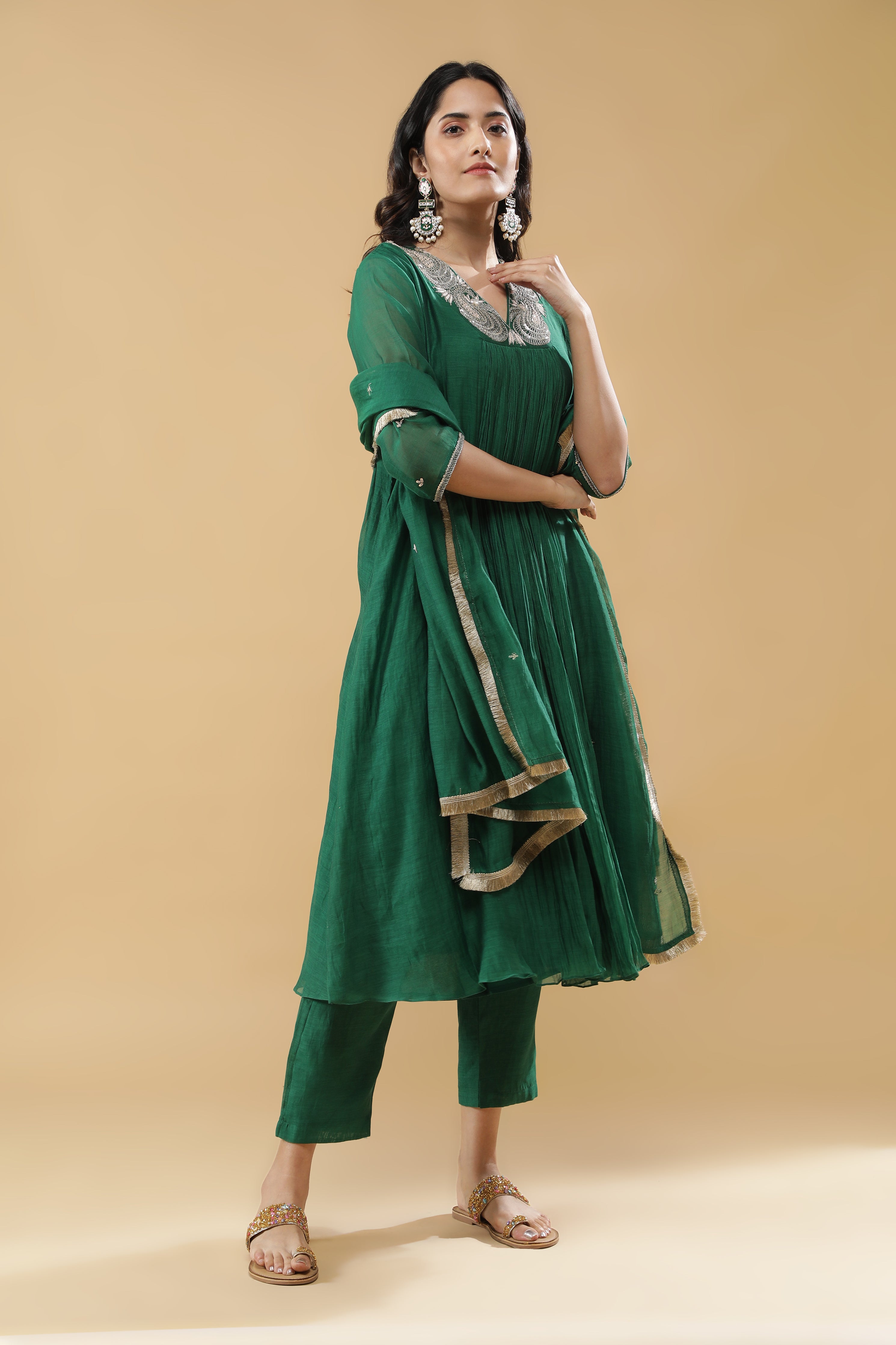Bottle Green Mul Chanderi Anarkali Set