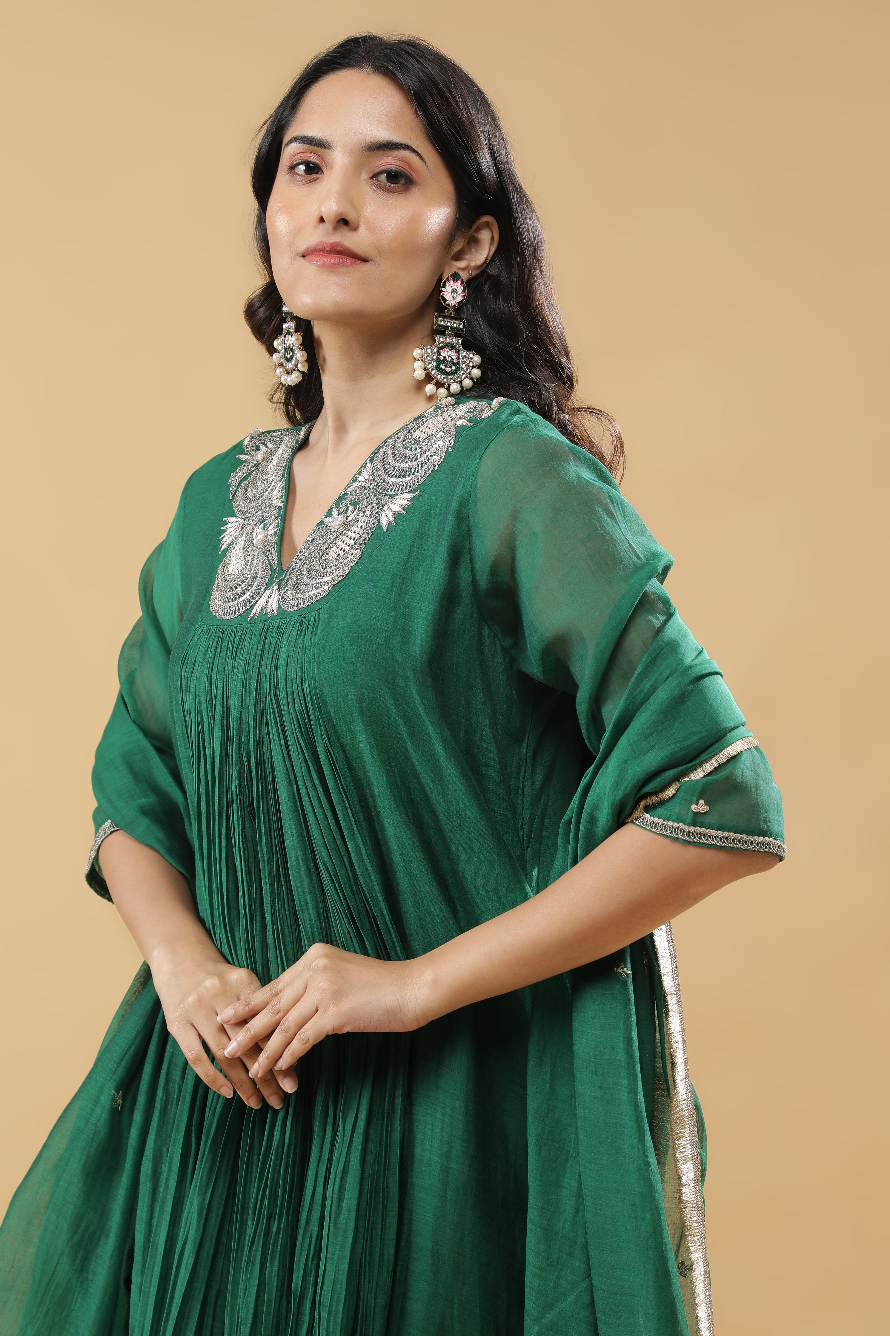 Bottle Green Mul Chanderi Anarkali Set