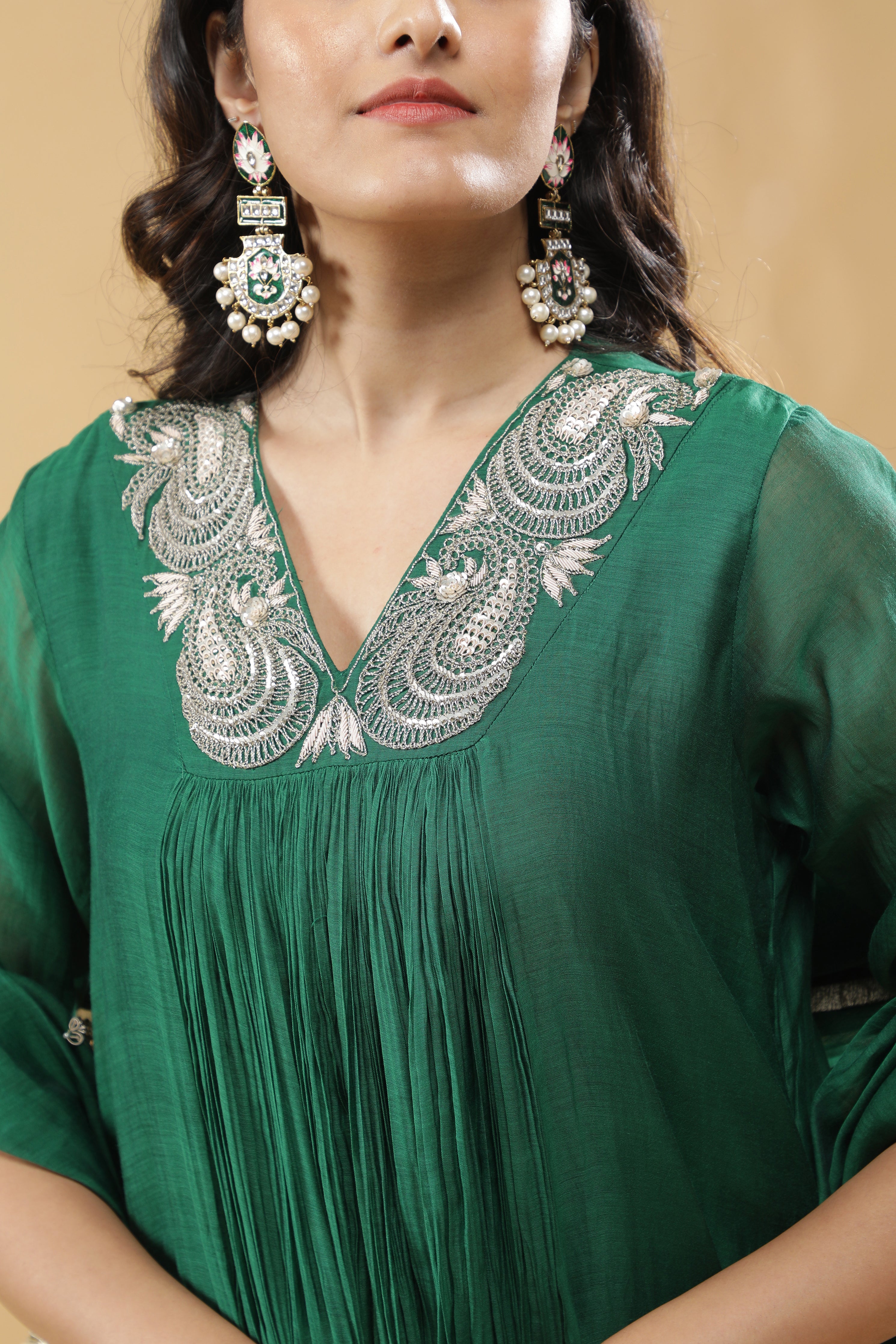 Bottle Green Mul Chanderi Anarkali Set