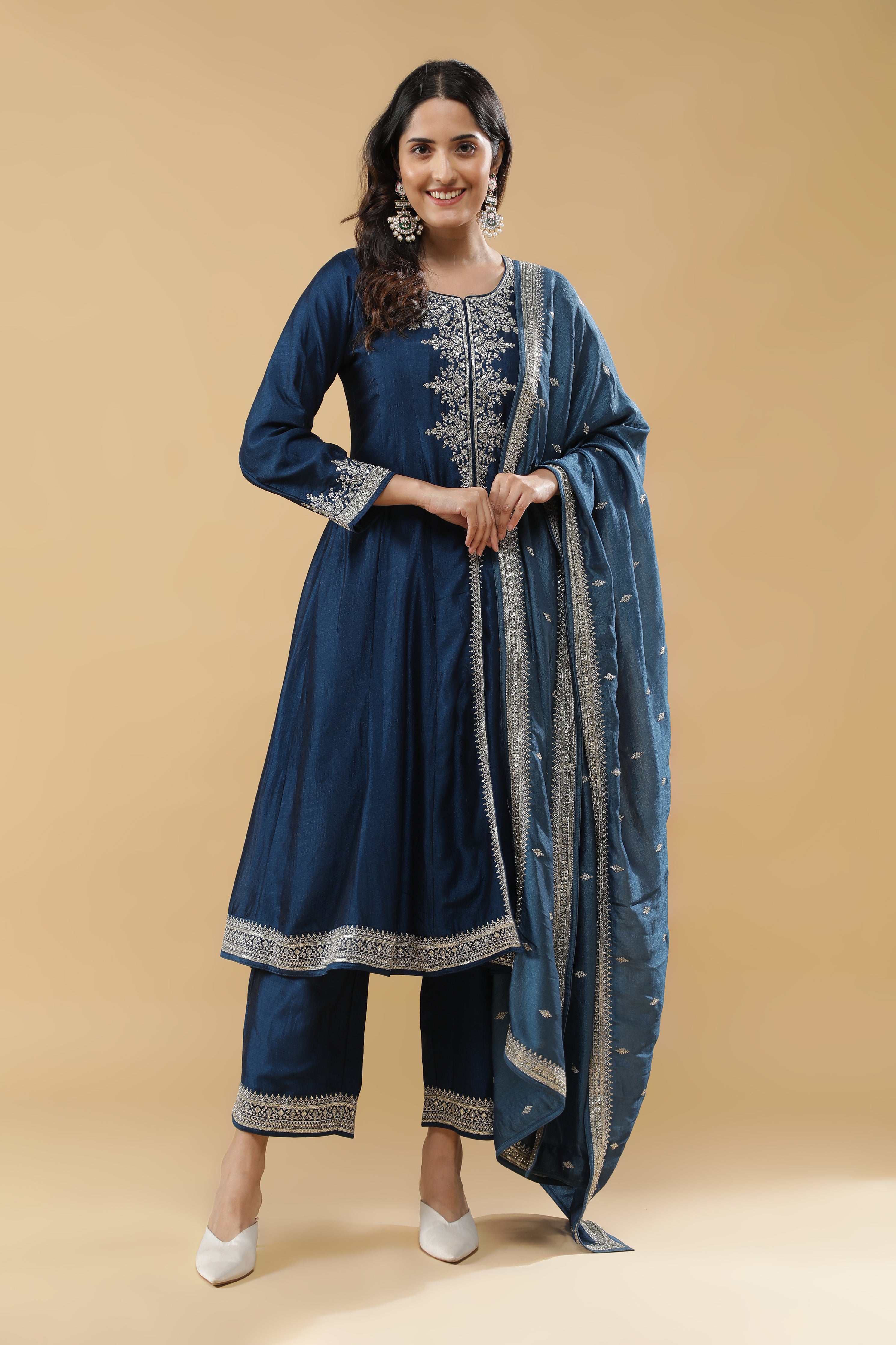 Blue Silk Anarkali Set