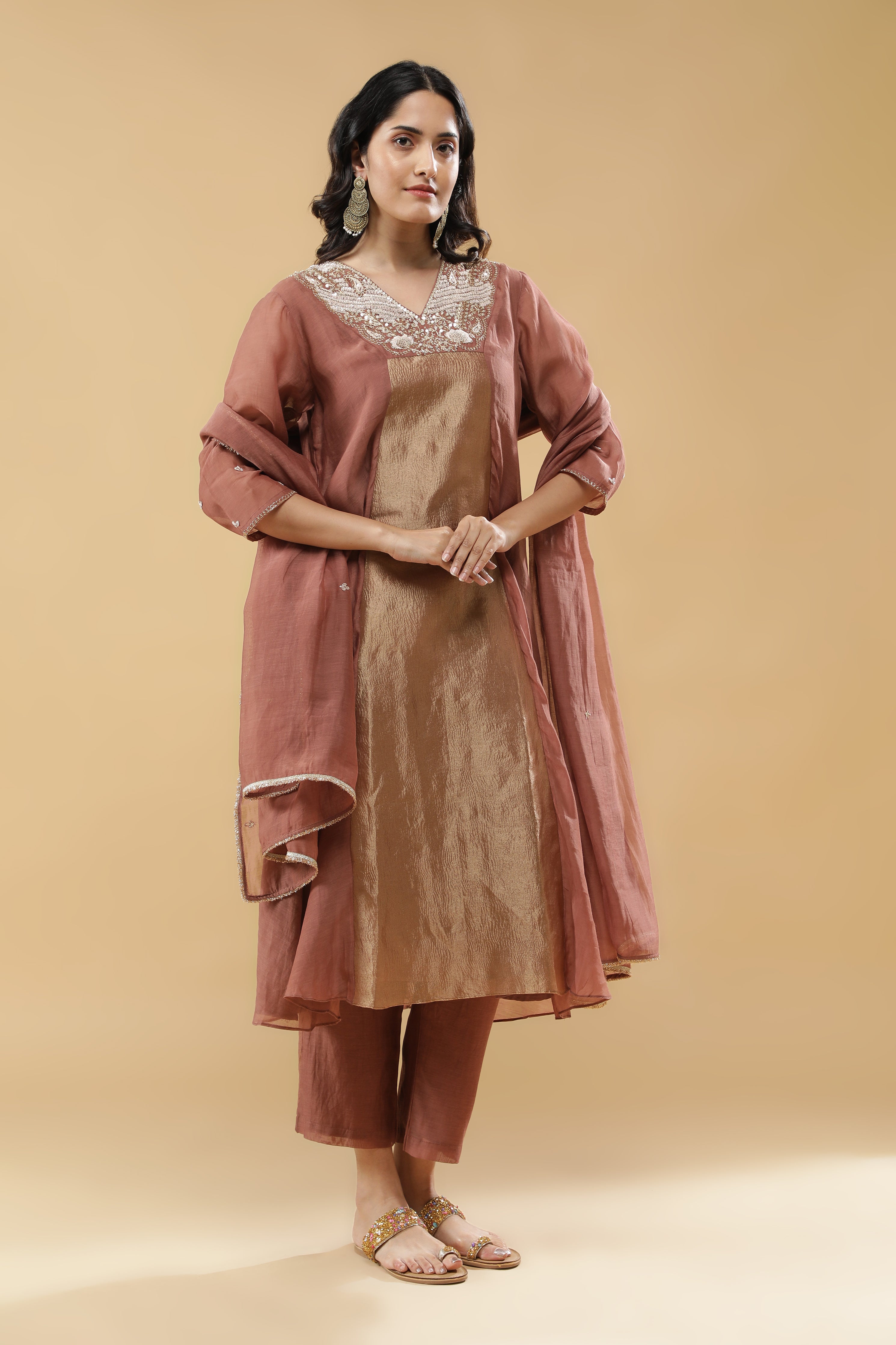 Dusty Rose & Beige Mul Cotton Anarkali Set