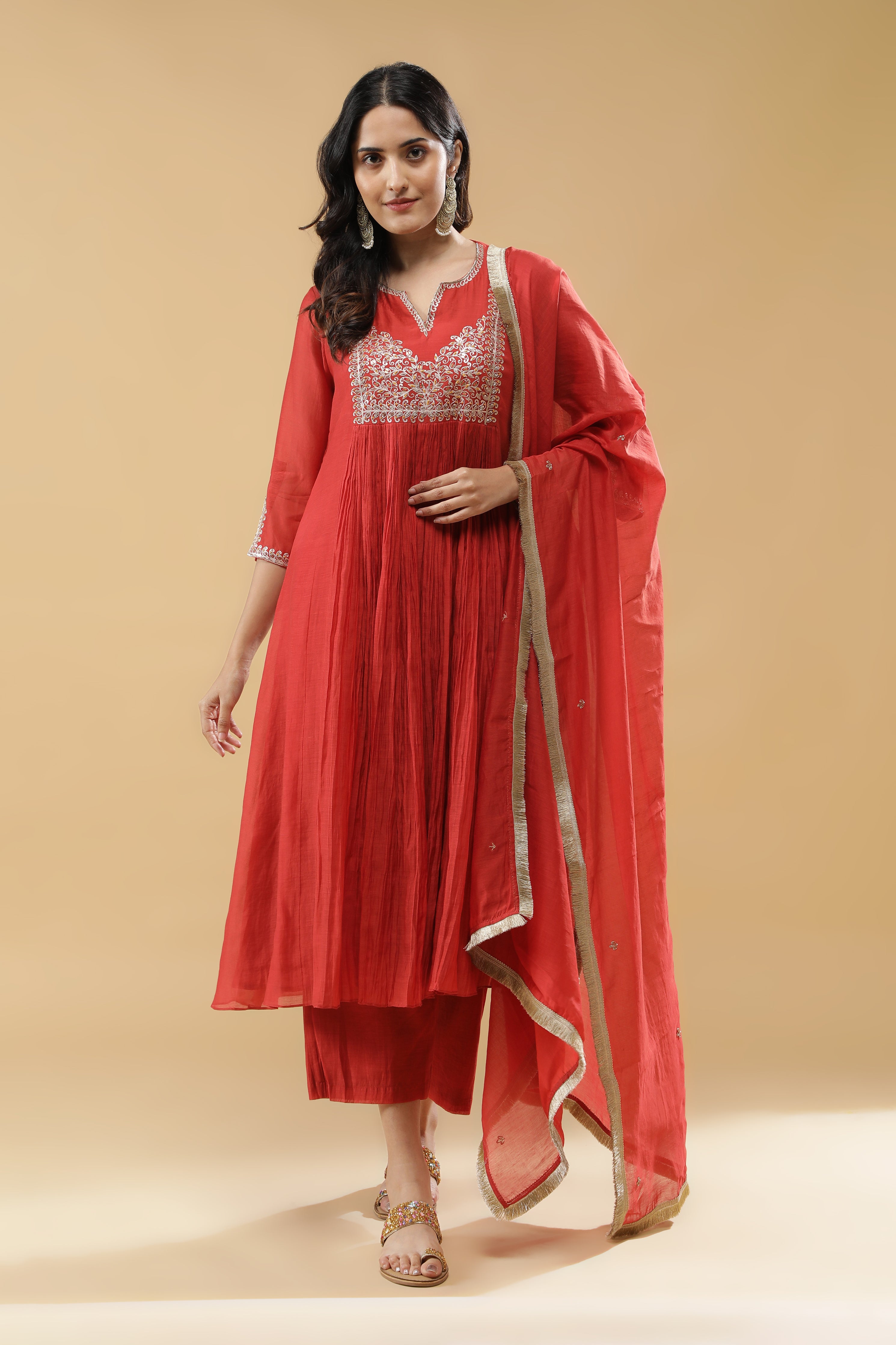 Terracotta Red Mul Cotton Anarkali Set