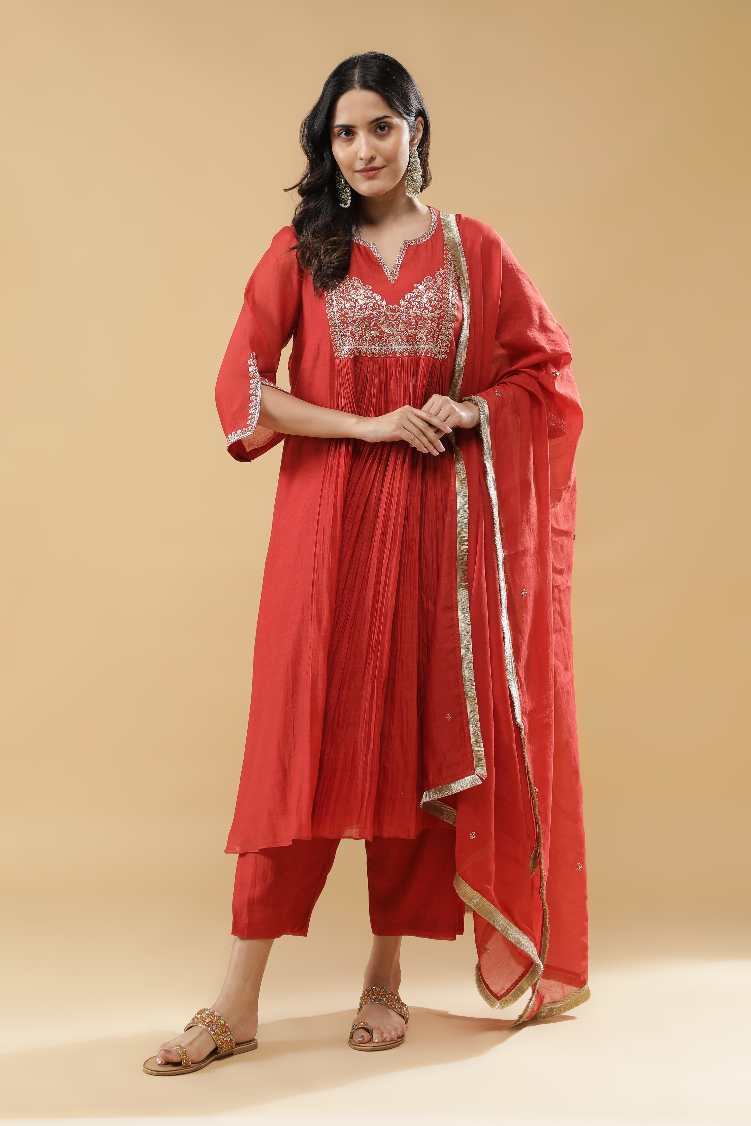Terracotta Red Mul Cotton Anarkali Set