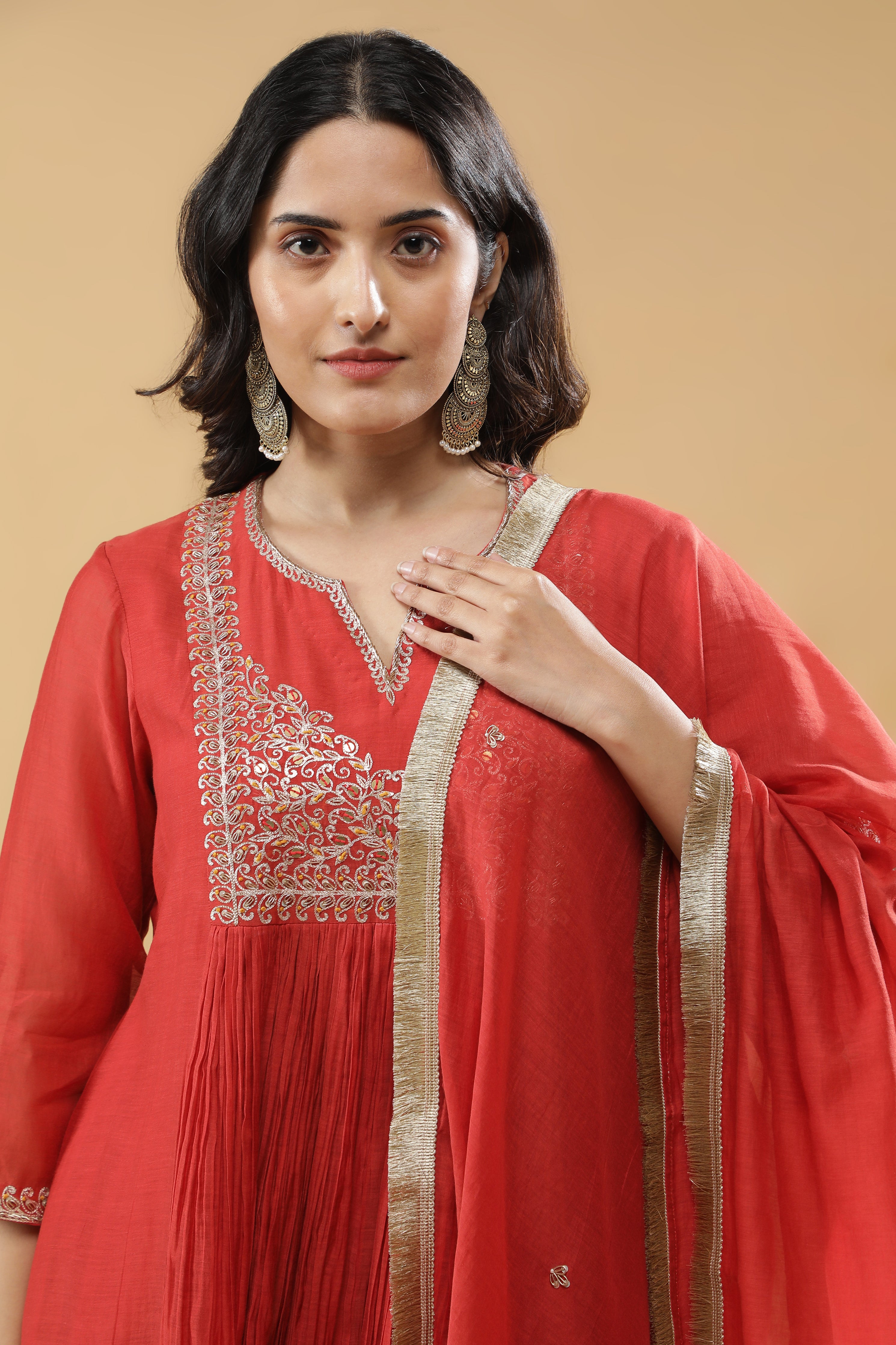 Terracotta Red Mul Cotton Anarkali Set