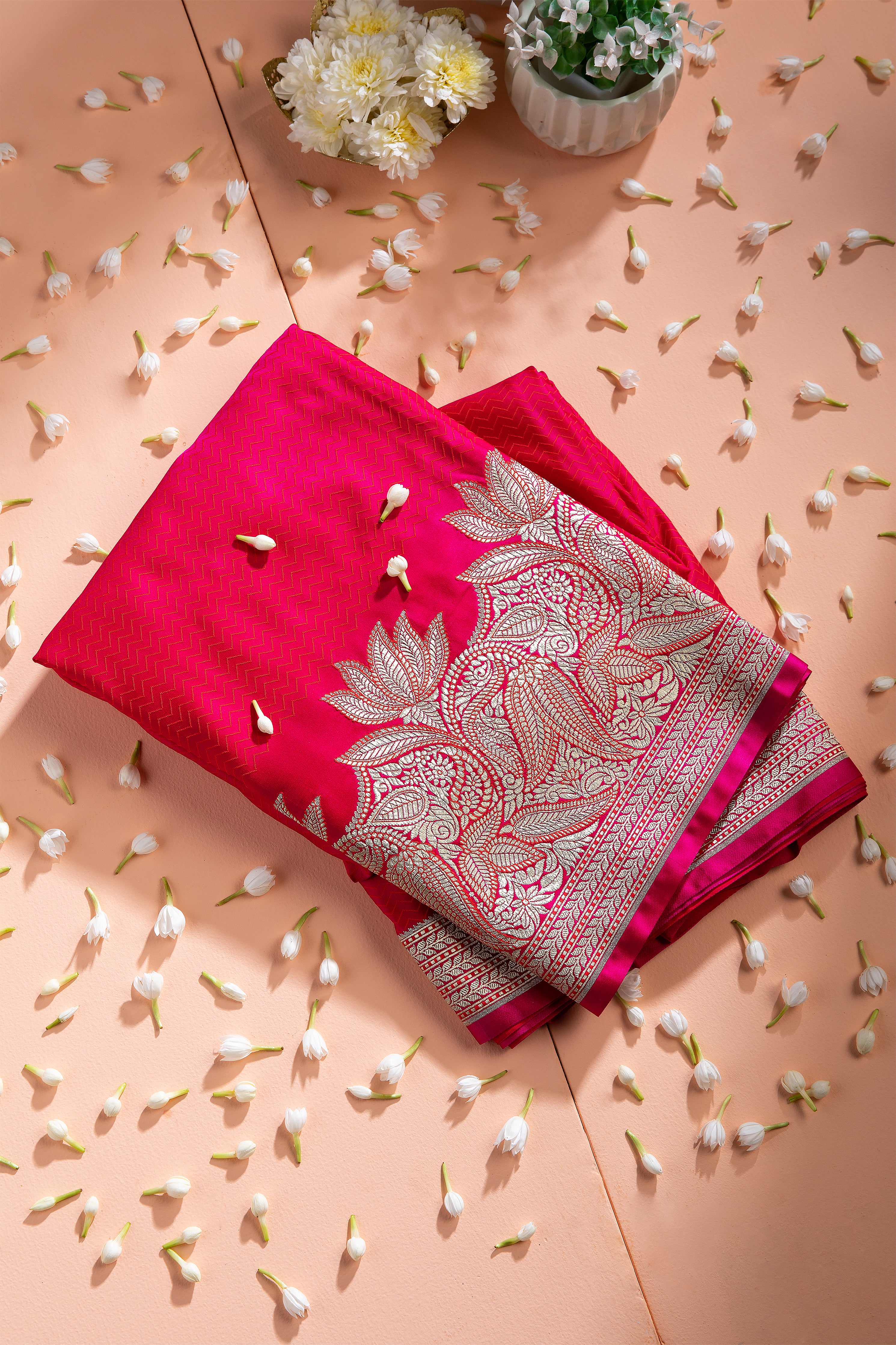 Coral Pink Banaras Silk Saree - Mokshaa