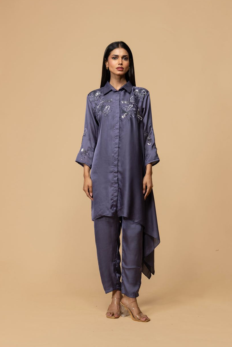 Steel Blue Embroidered Cord Set