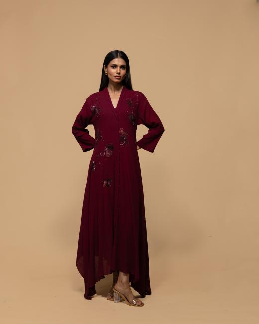Maroon Pleated Dress with Embroidered Detailing