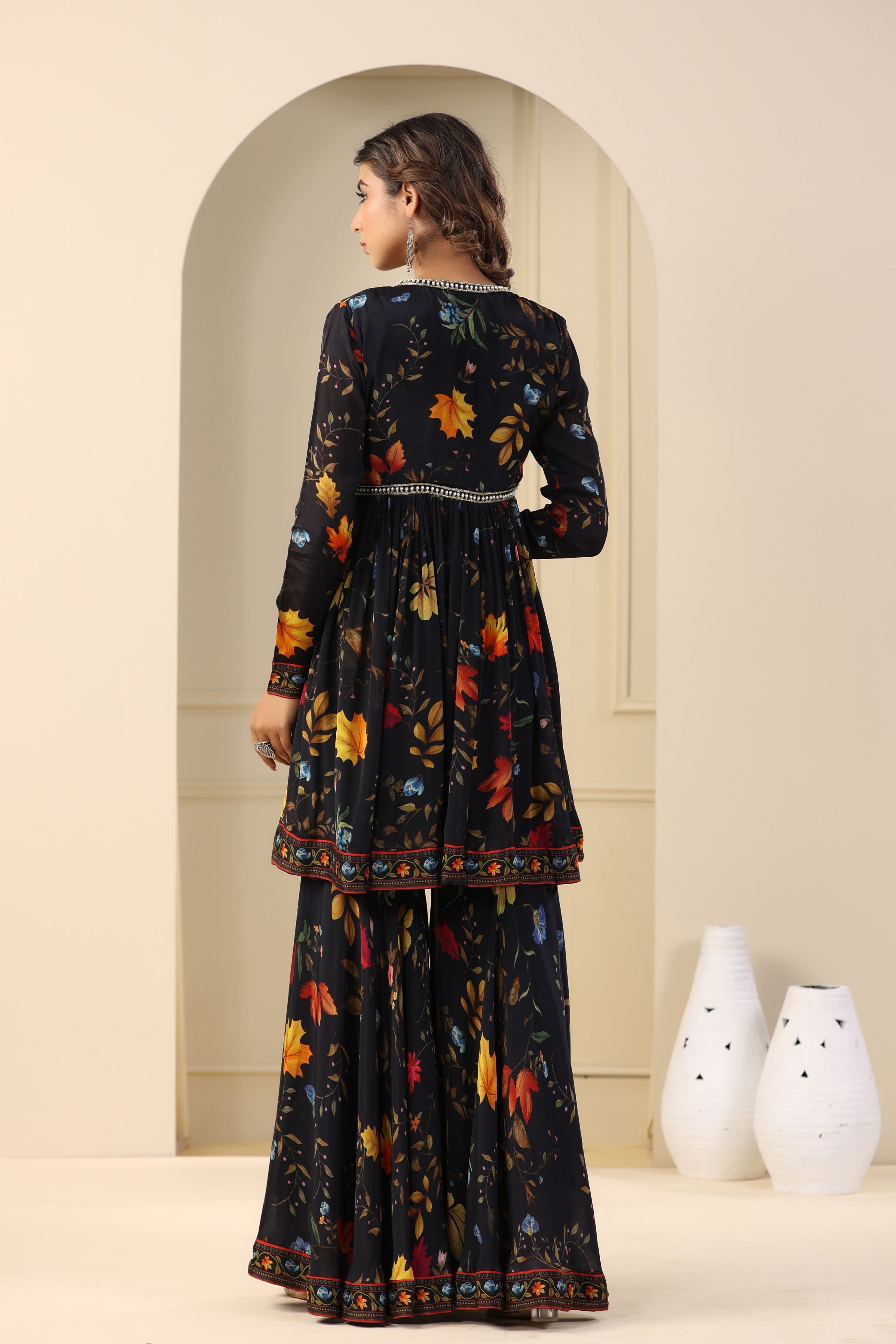 Black Chinon Silk Floral Printed Sharara Set 鈥�A Perfect Blend of Elegance and Tradition - Mokshaa