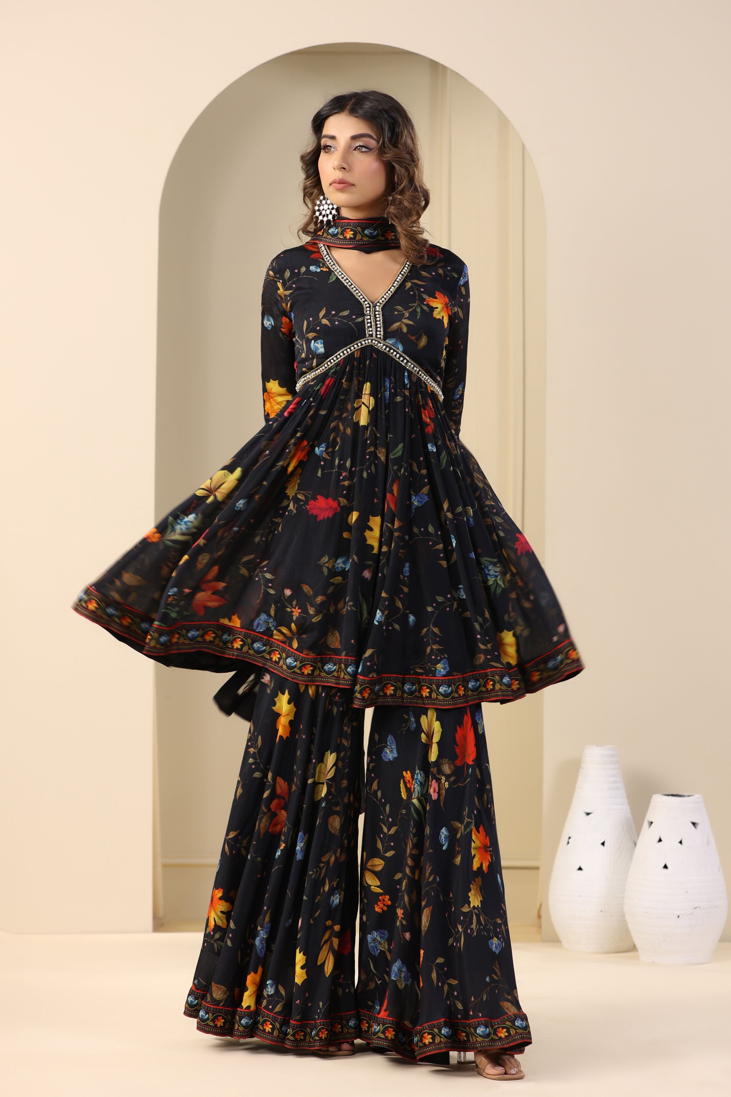 Black Chinon Silk Floral Printed Sharara Set – A Perfect Blend of Elegance and Tradition - Mokshaa