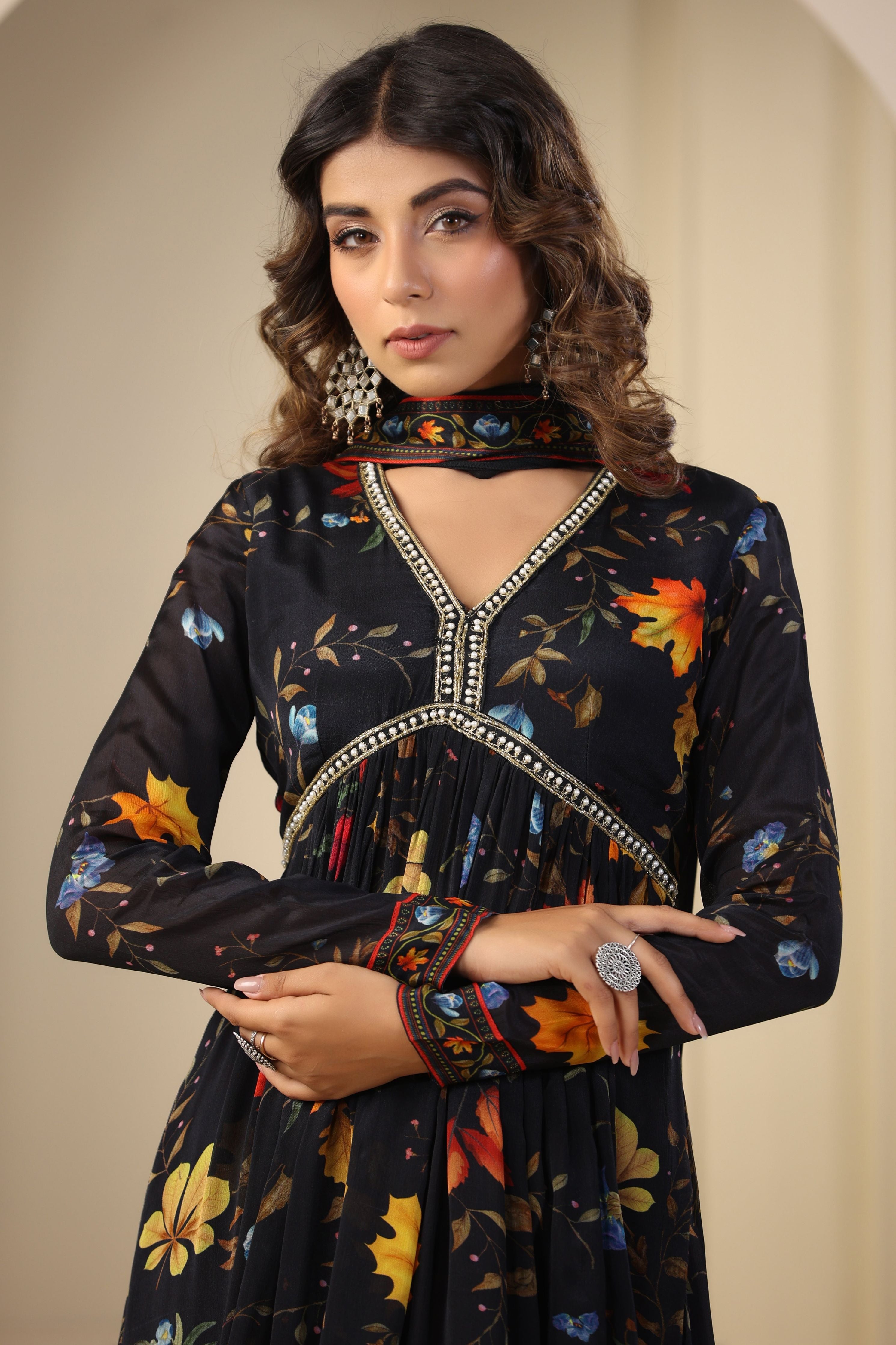 Black Chinon Silk Floral Printed Sharara Set 鈥�A Perfect Blend of Elegance and Tradition - Mokshaa