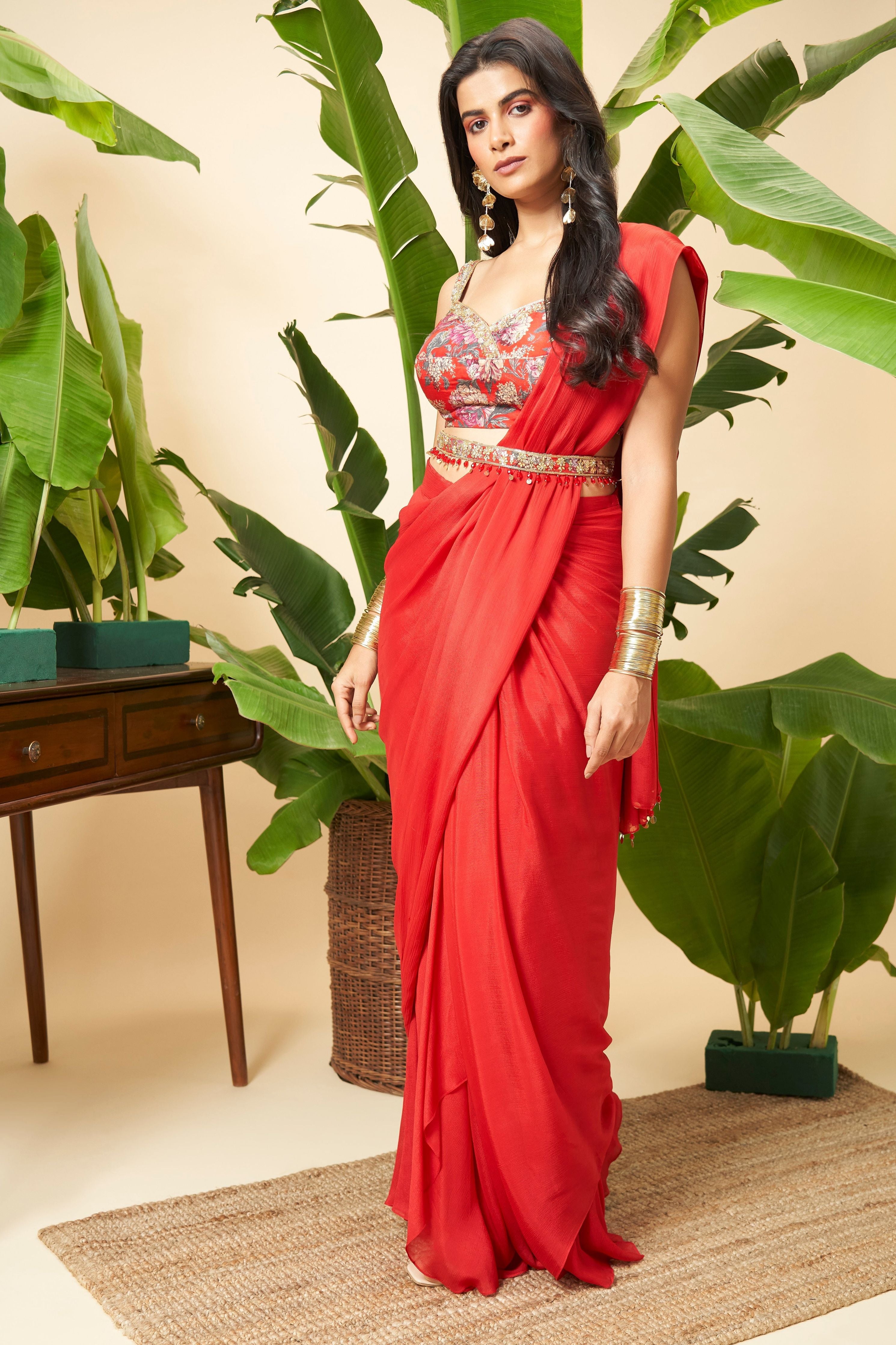 Fiery Red Draped Saree with Embroidered Blouse  Mokshaa