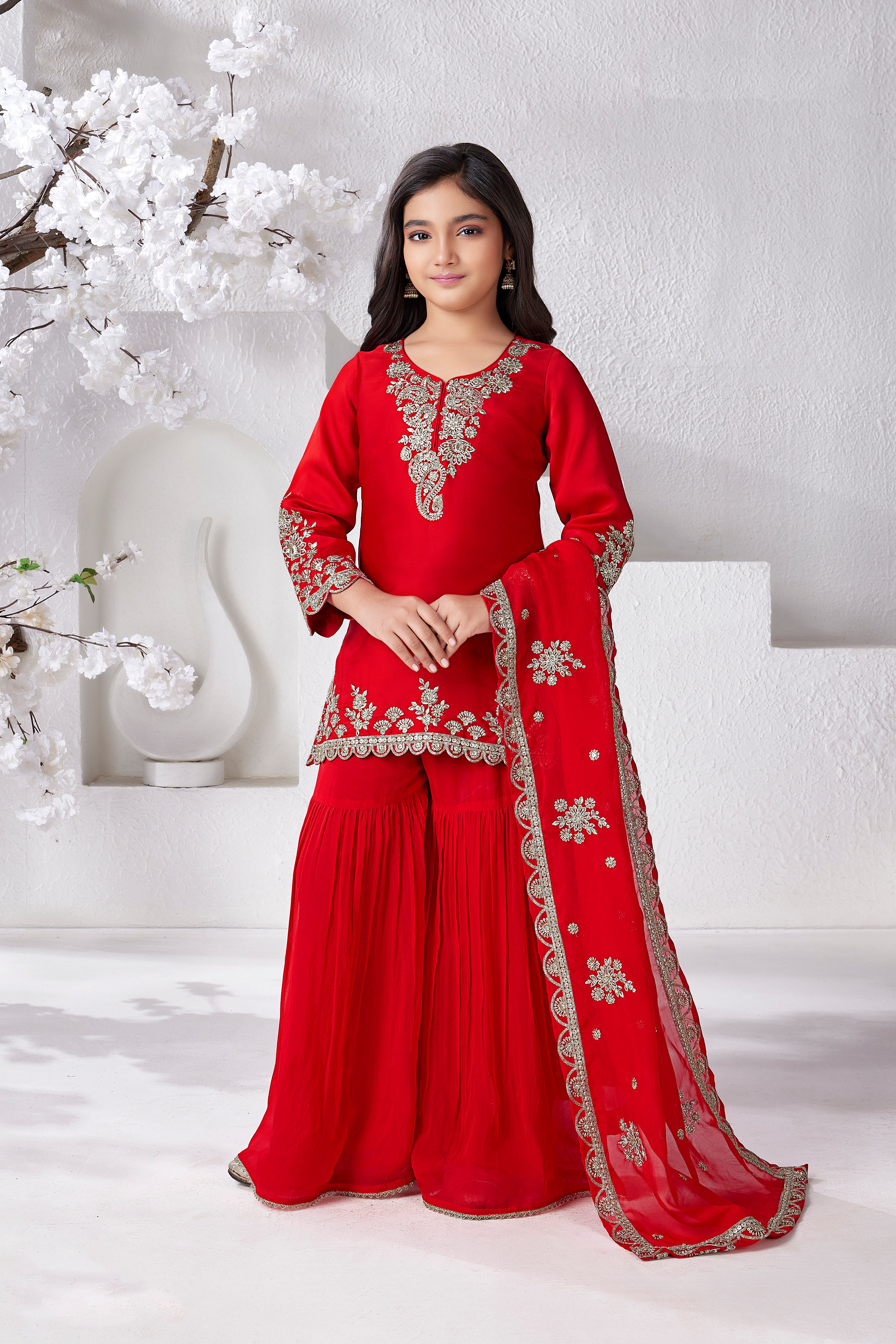 Red Embroidered Sharara Set for Girls