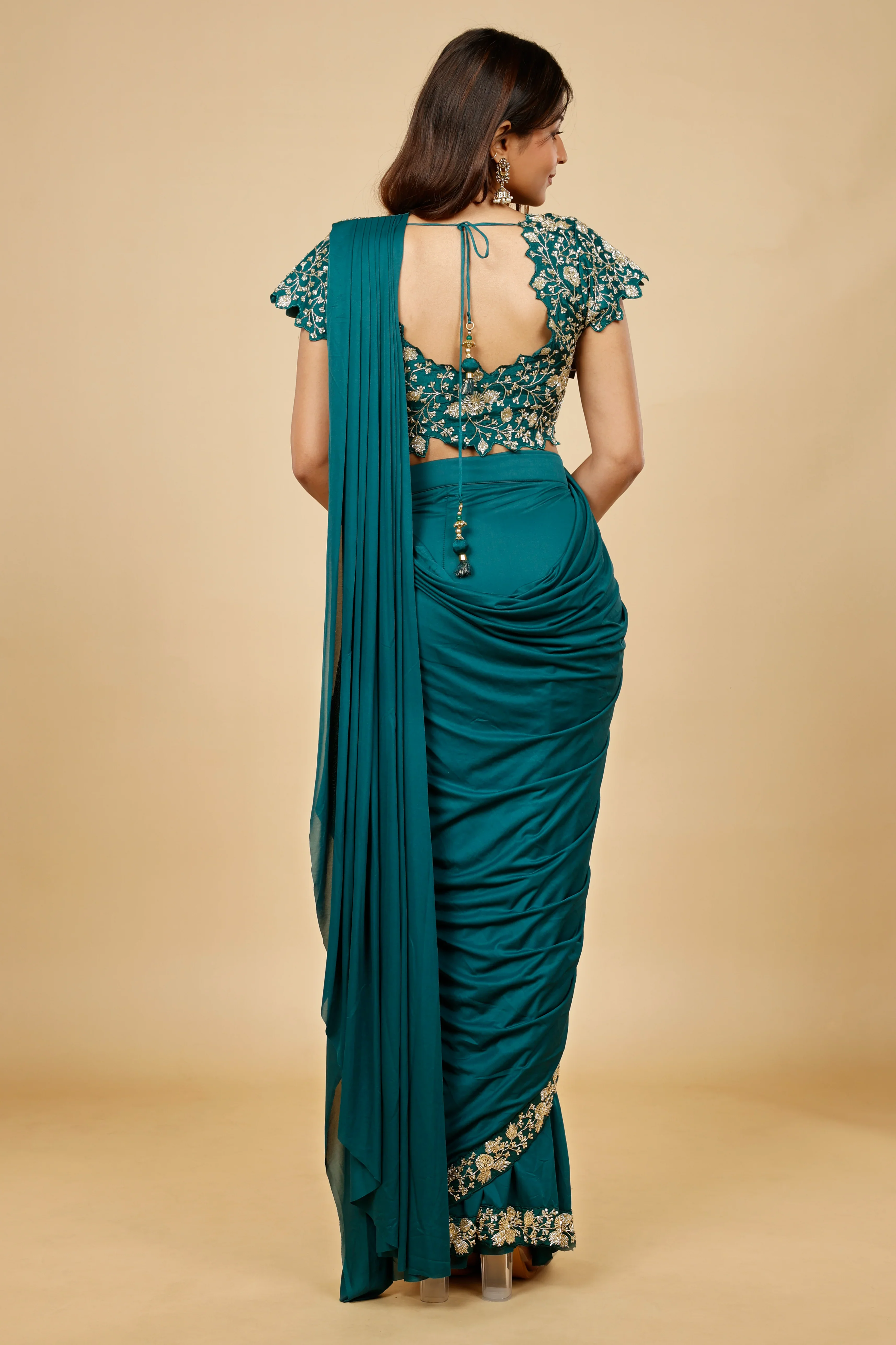 Emerald Green Lycra Silk Drape Saree with Kutdana Embroidery - Mokshaa