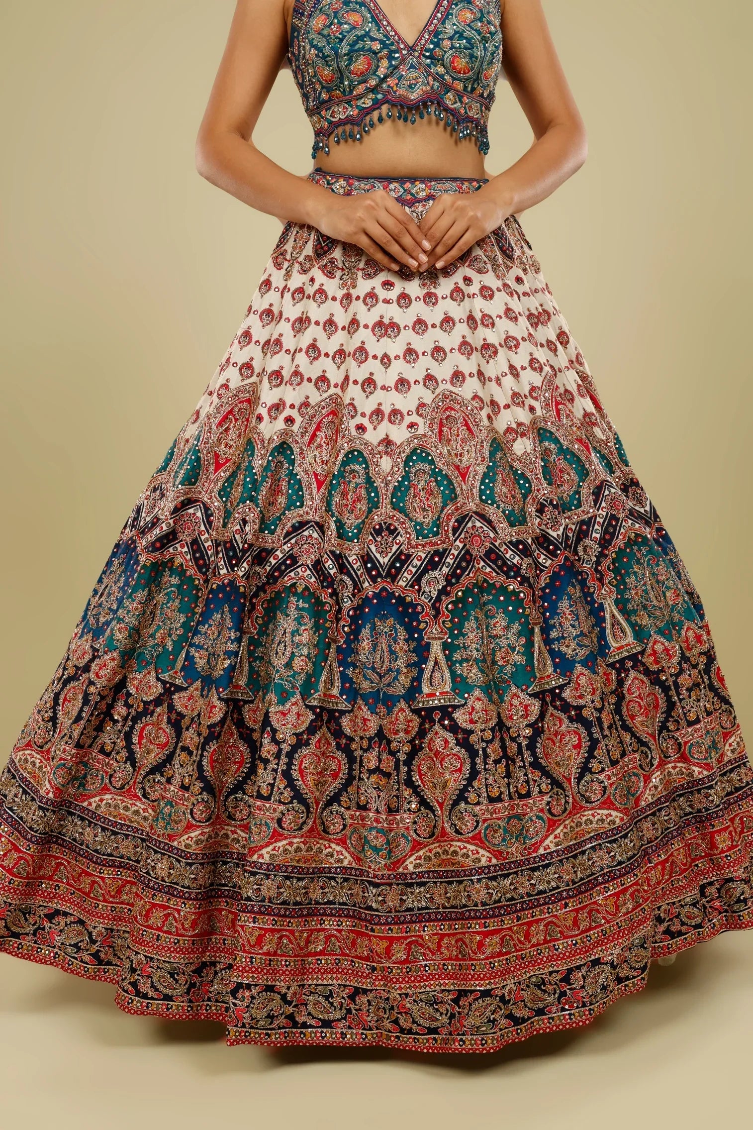 Blue Multicolour Printed Silk Lehenga Set with Zari, Sequin & Cutdana Highlights | Mokshaa