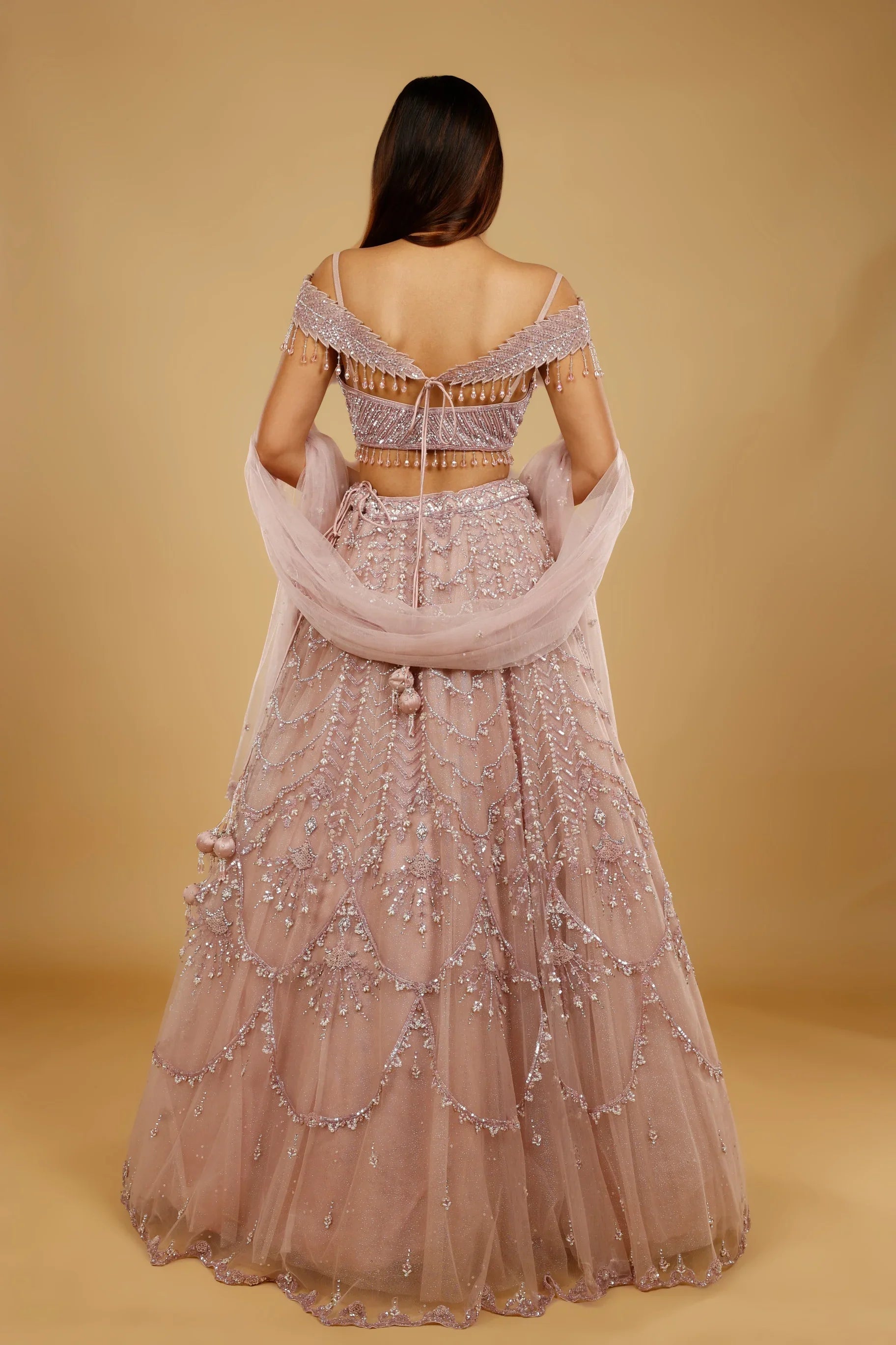Mauve Net Lehenga Set with Sequin, Pearl & Cutdana Embroidery