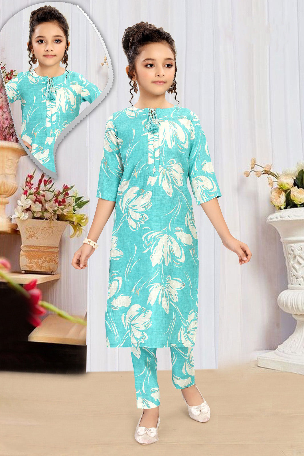 Aqua Blue Floral Printed Kurti with Pant Set for Girls