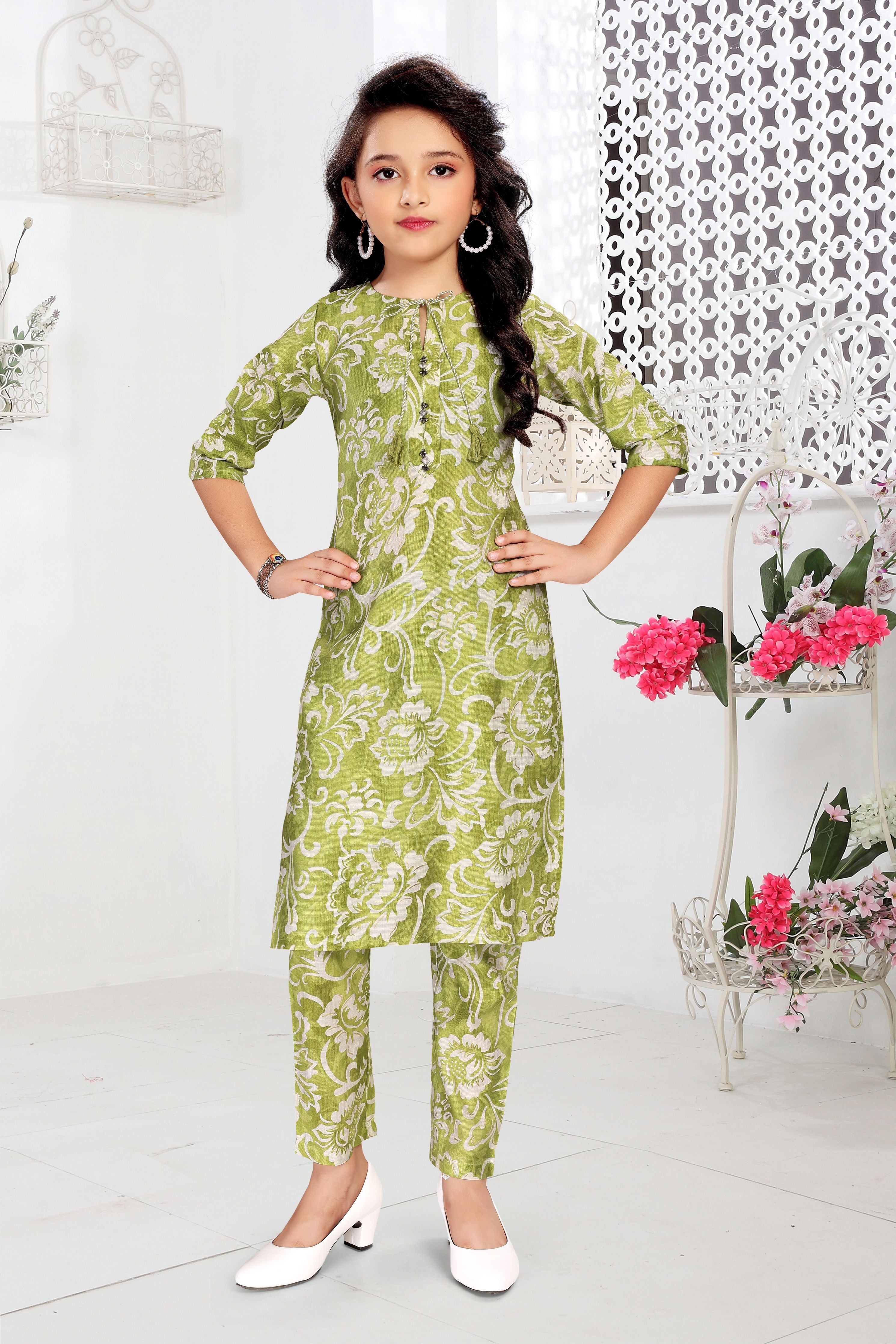 Mehendi Green Floral Printed Kurti with Pant Set for Girls