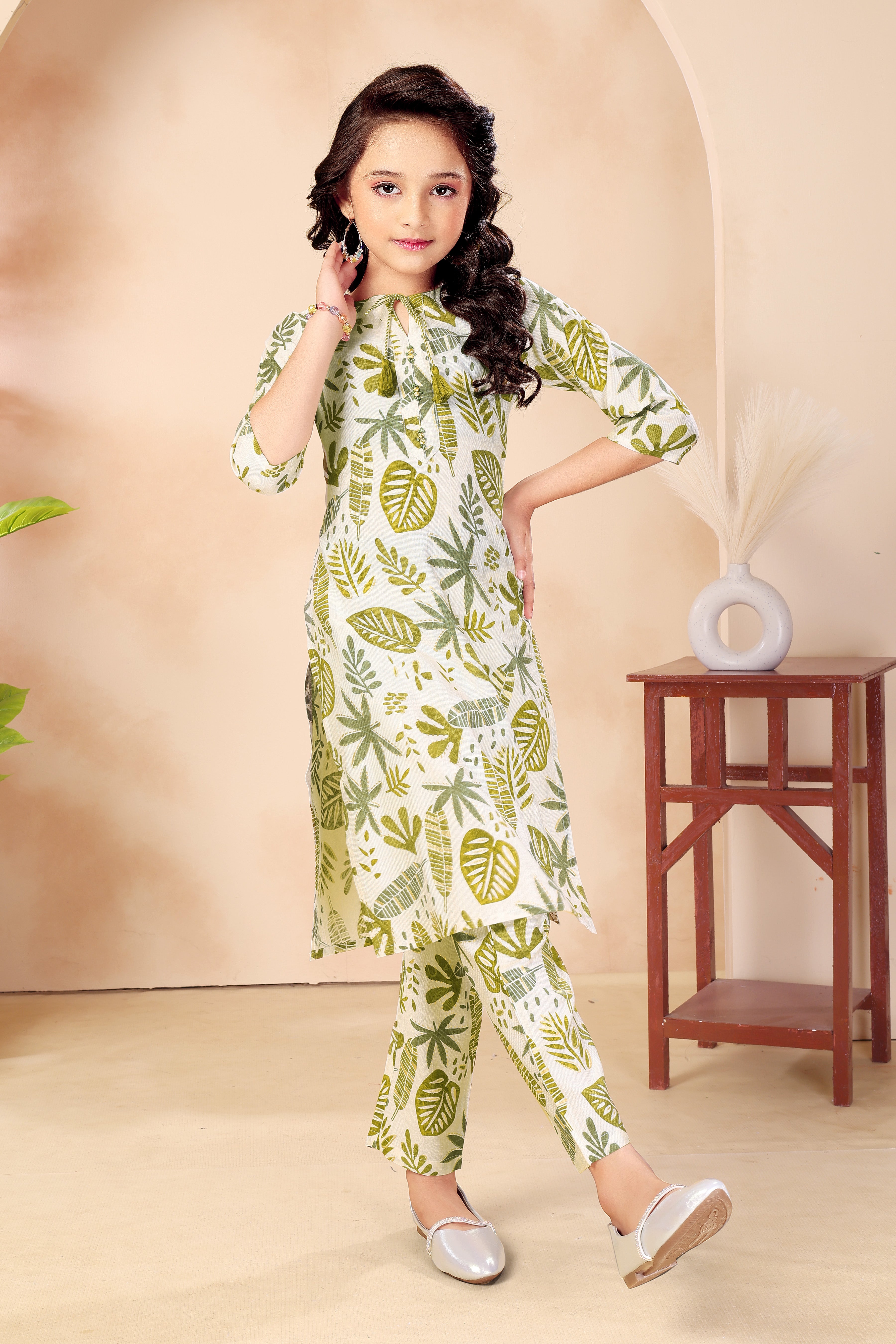 White Tropical Leaf Printed Kurti with Pant Set for Girls
