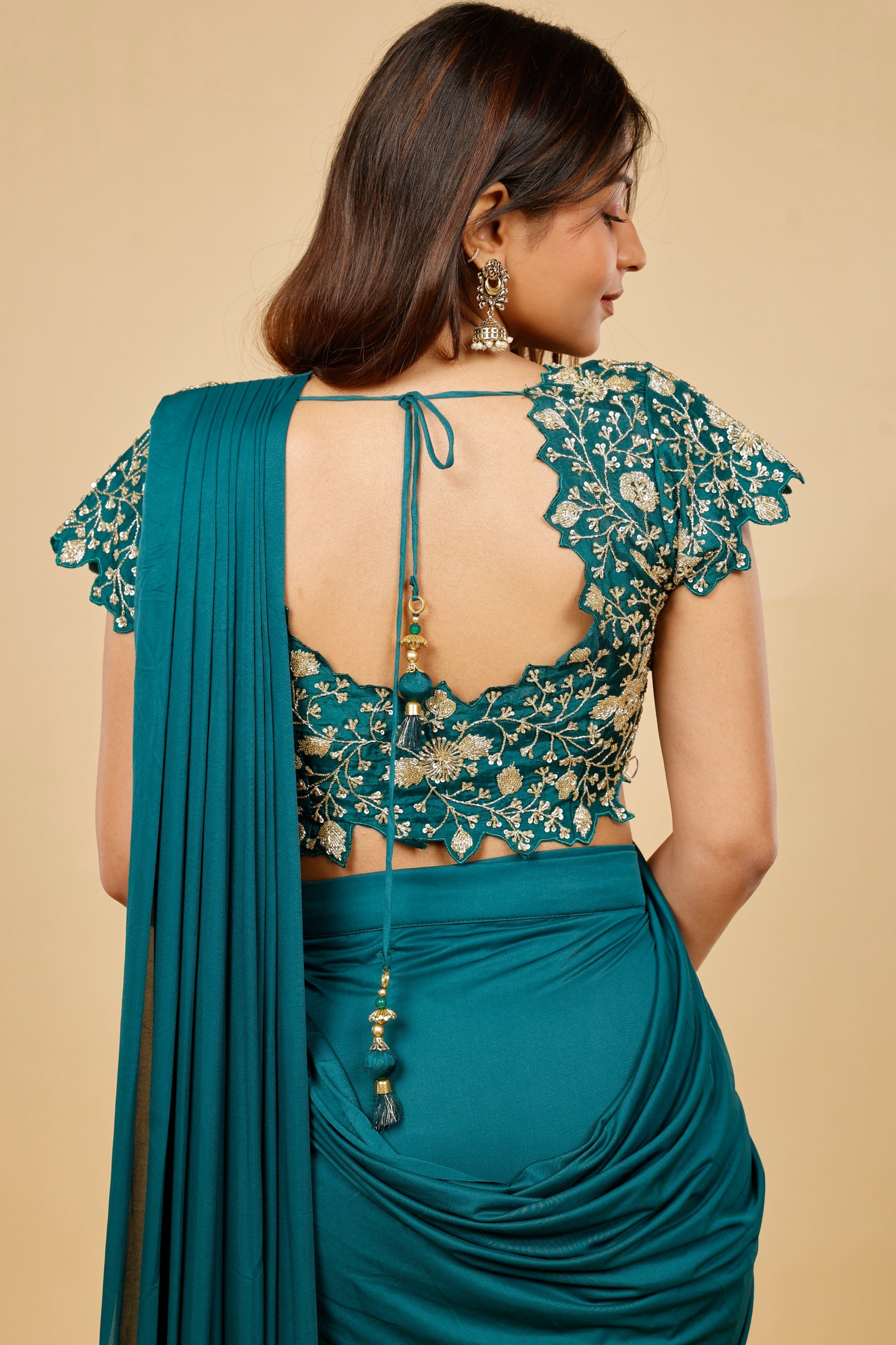 Emerald Green Lycra Silk Drape Saree with Kutdana Embroidery