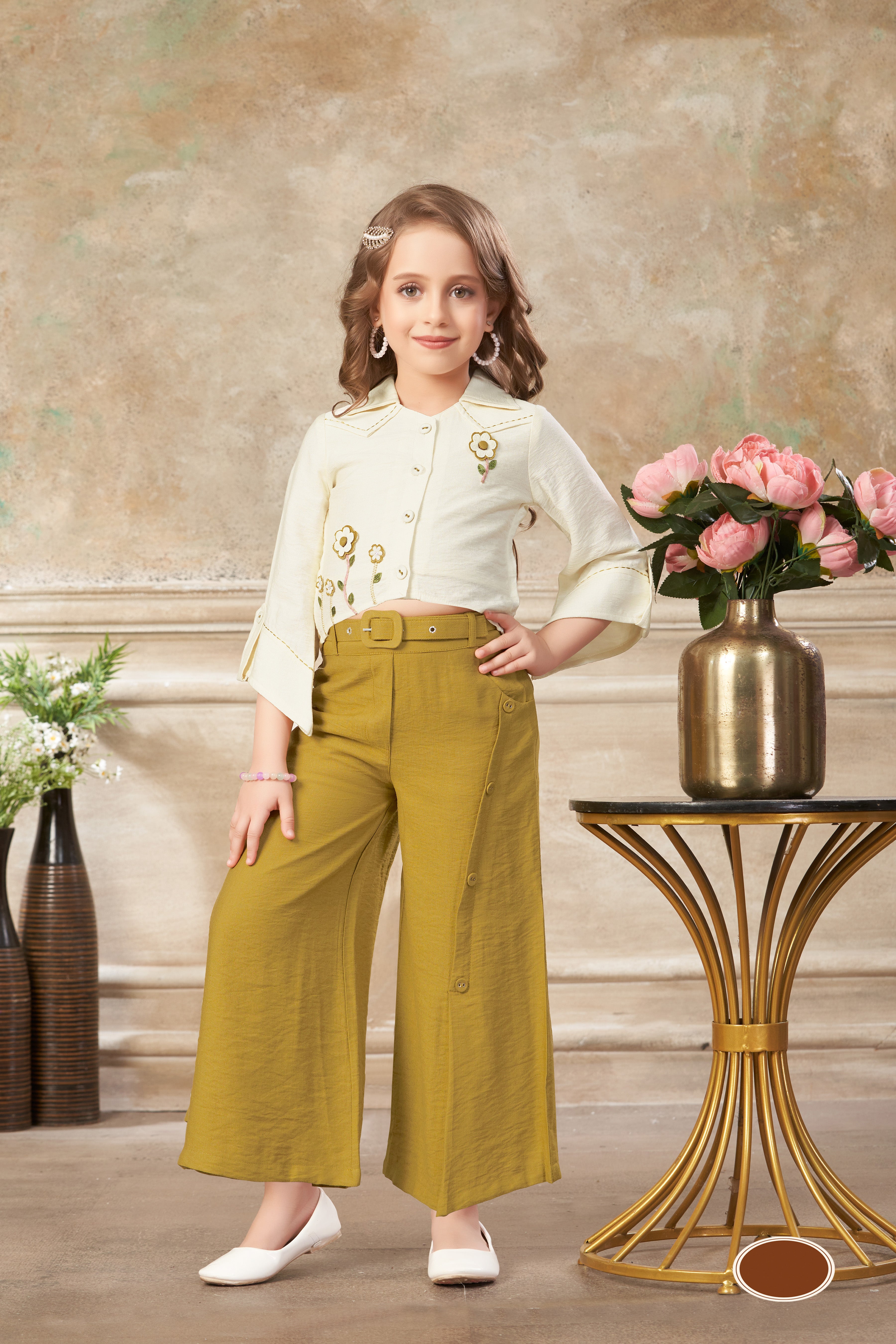 Cream & Olive Green Floral Embroidered Crop Top with Wide Leg Pants for Girls