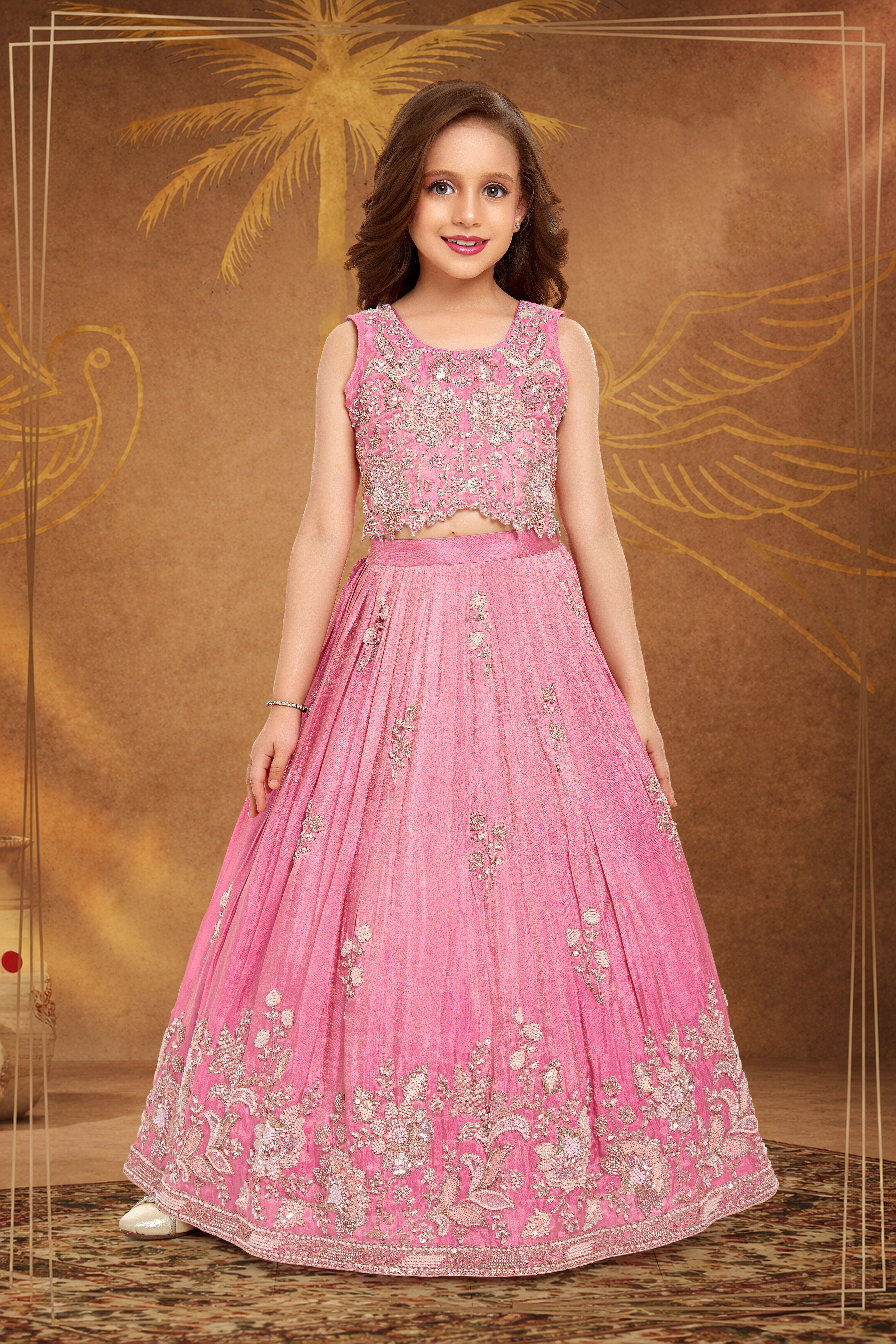 Pink Shimmer Silver Zari Embroidered Crop Choli & Lehenga Set for Girls