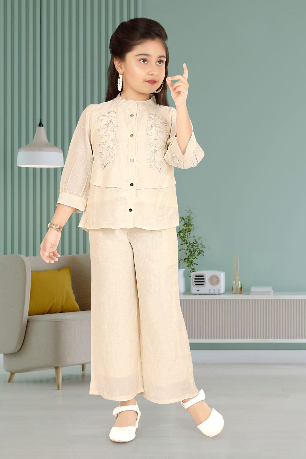Cream Embroidered Frill Top with Palazzo Pants for Girls
