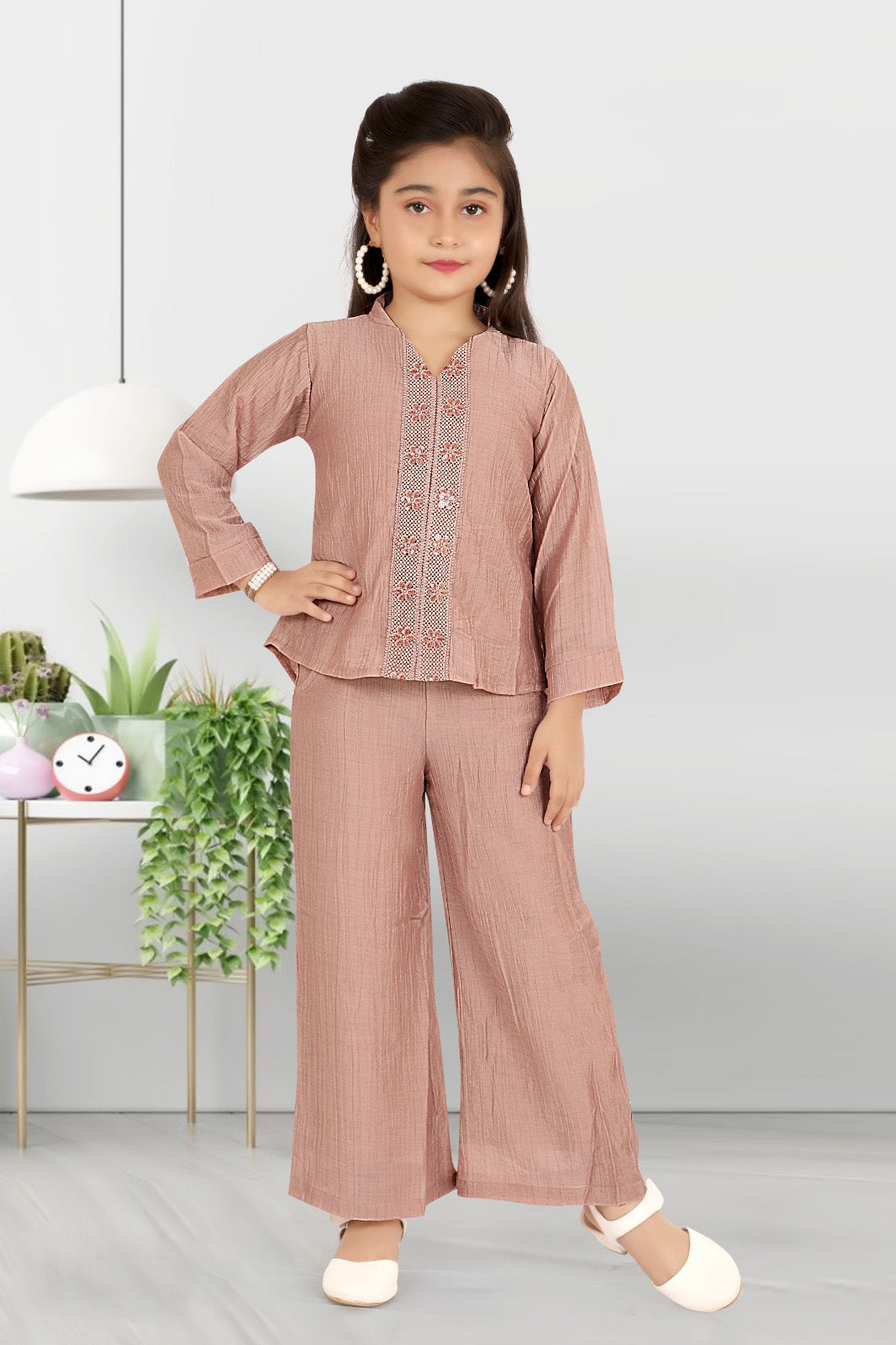 Dusty Pink Embroidered Top with Palazzo Pants for Girls