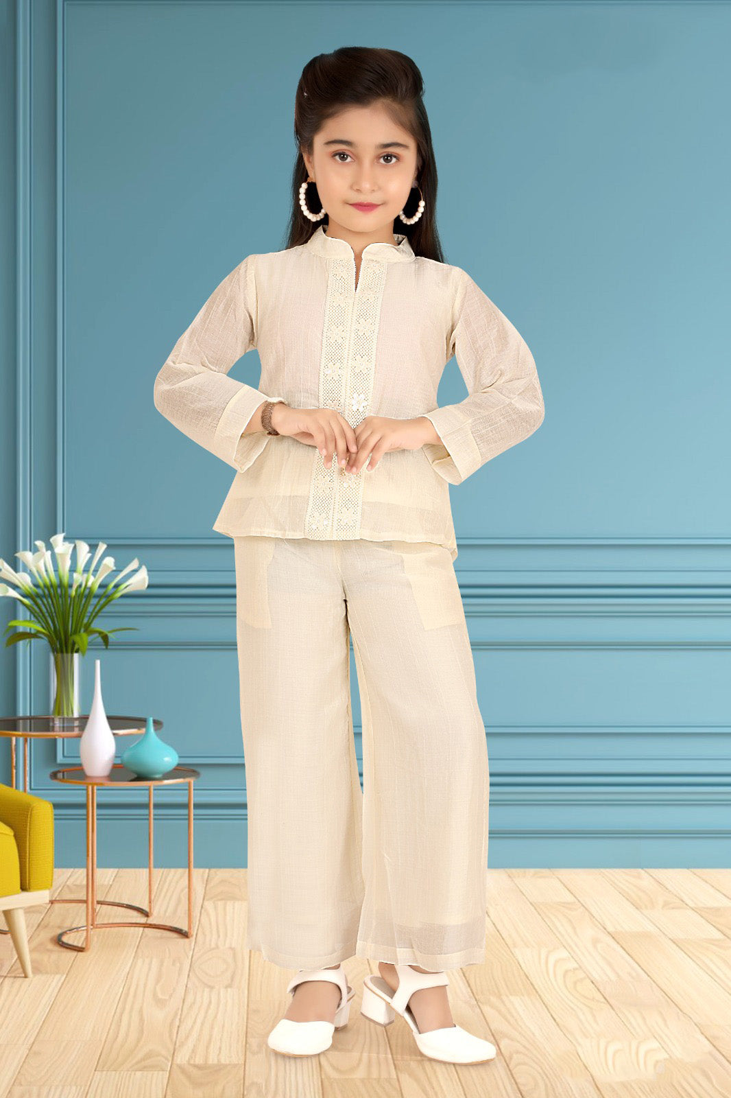 Cream Embroidered Frill Top with Palazzo Pants for Girls