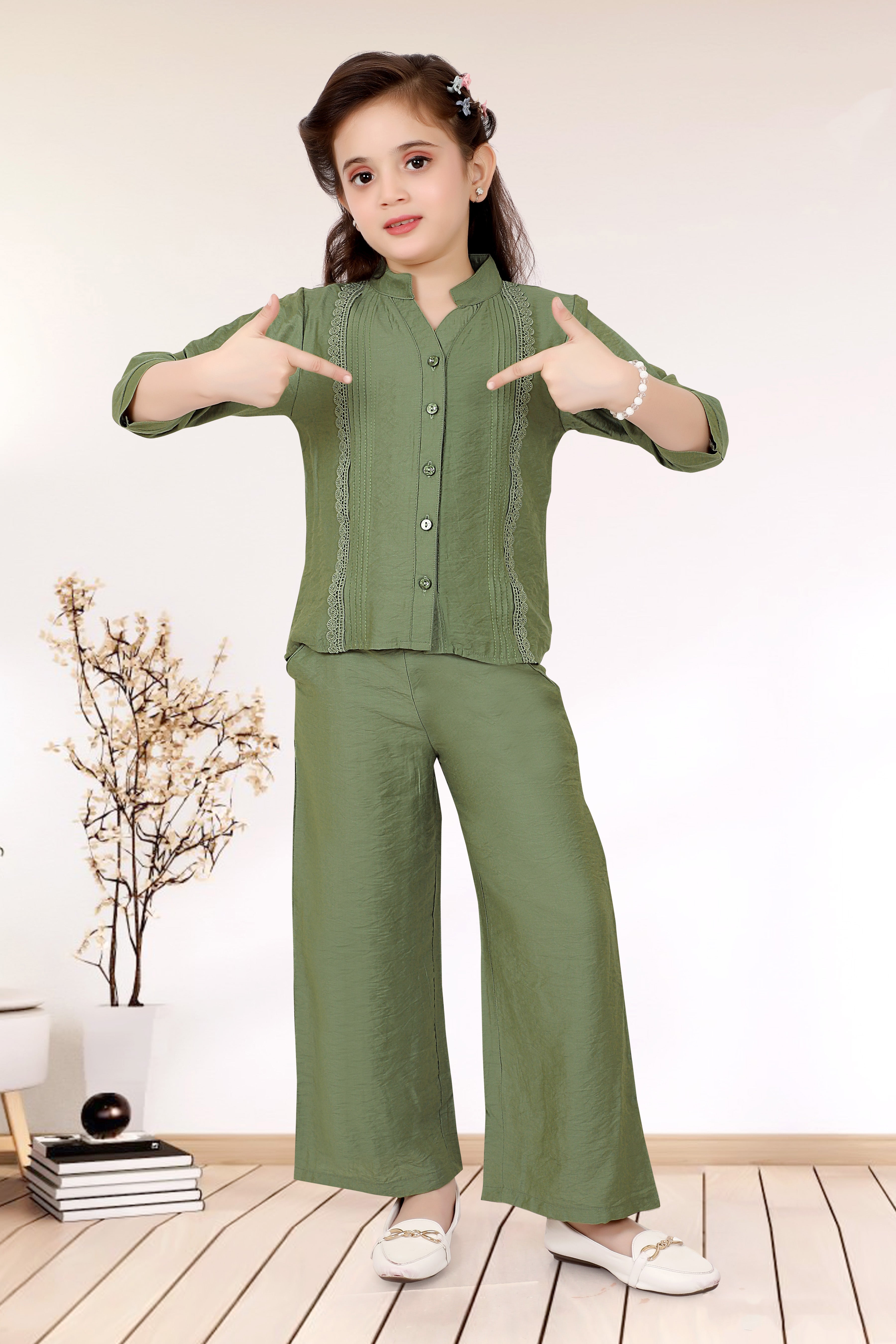 Light Green Lace Trim Button-Down Top with Palazzo Pants for Girls