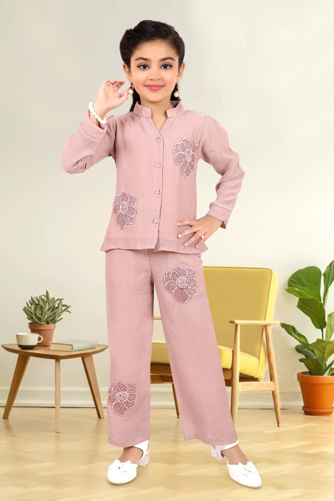 Dusty Pink 3D Floral Appliqué Button-Down Top with Palazzo Pants for Girls