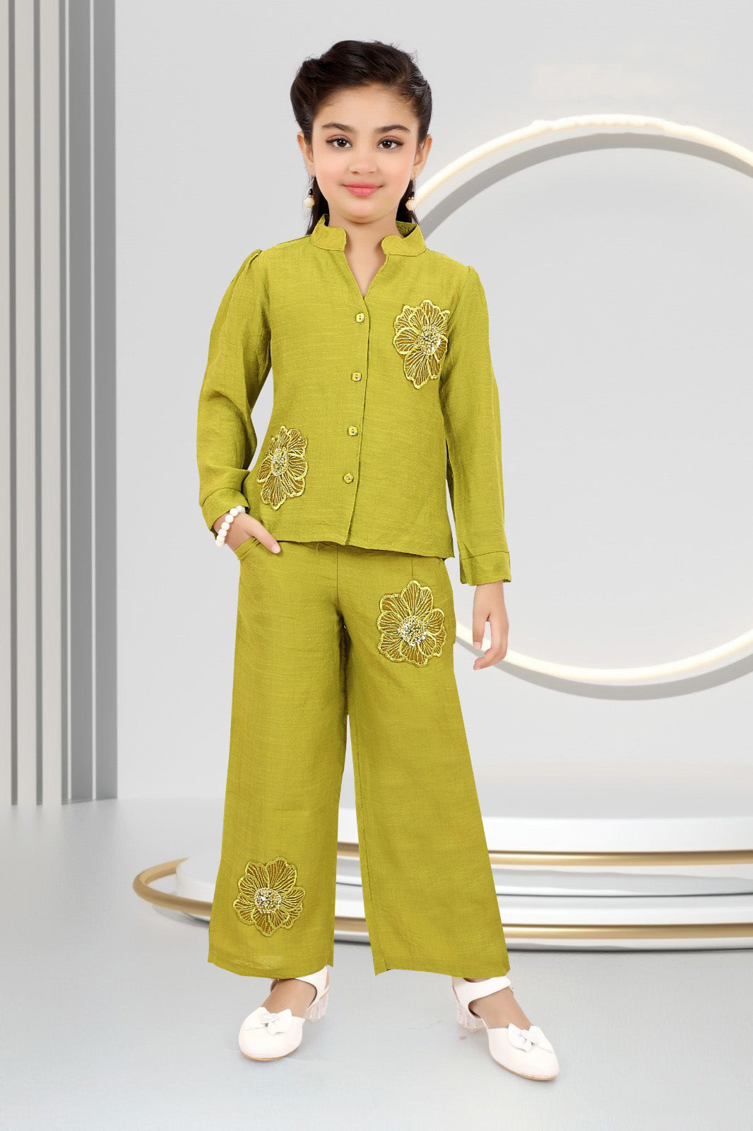 Apple Green 3D Floral Appliqué Button-Down Top with Palazzo Pants for Girls