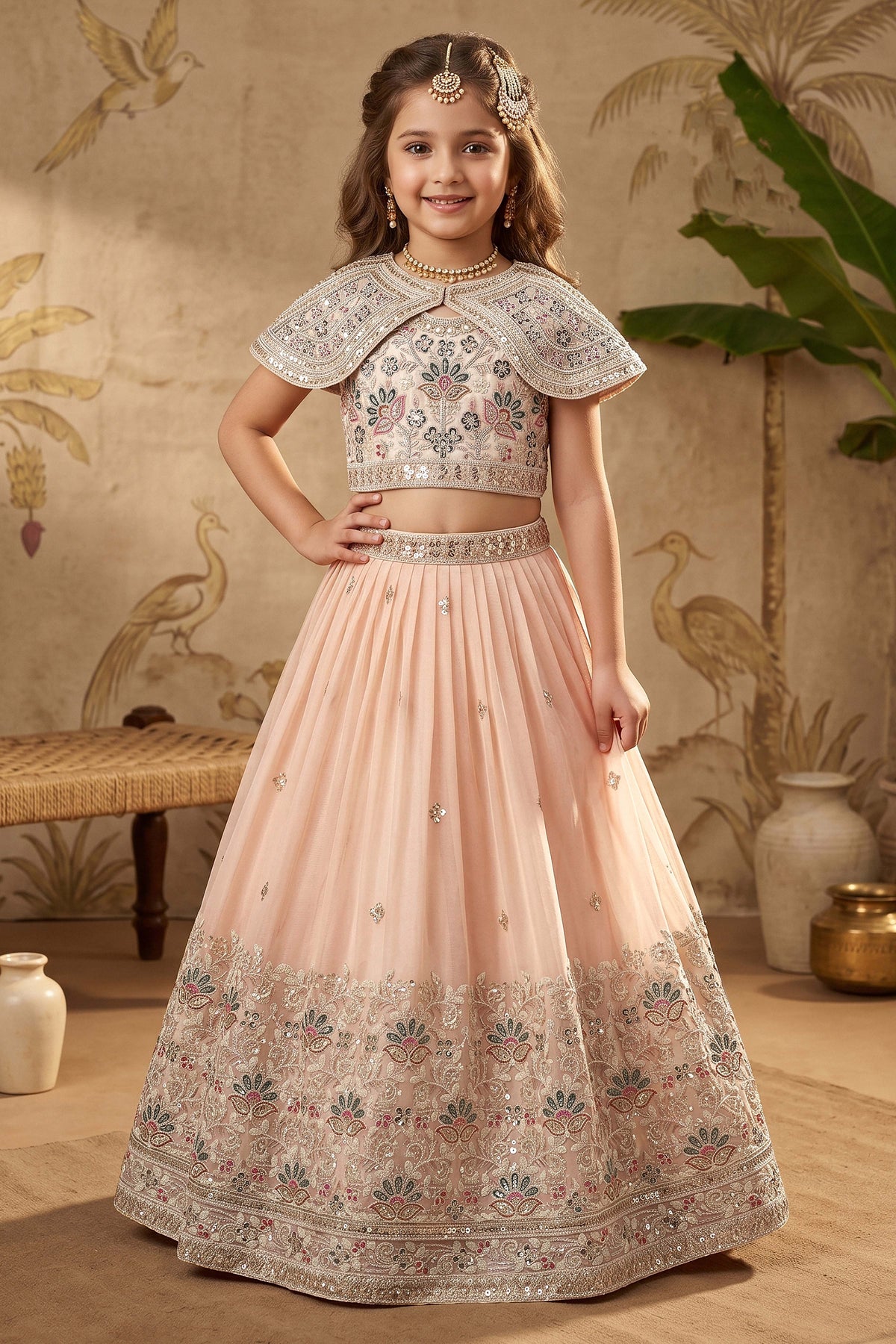 Blush Peach Designer Lehenga Set for Girls