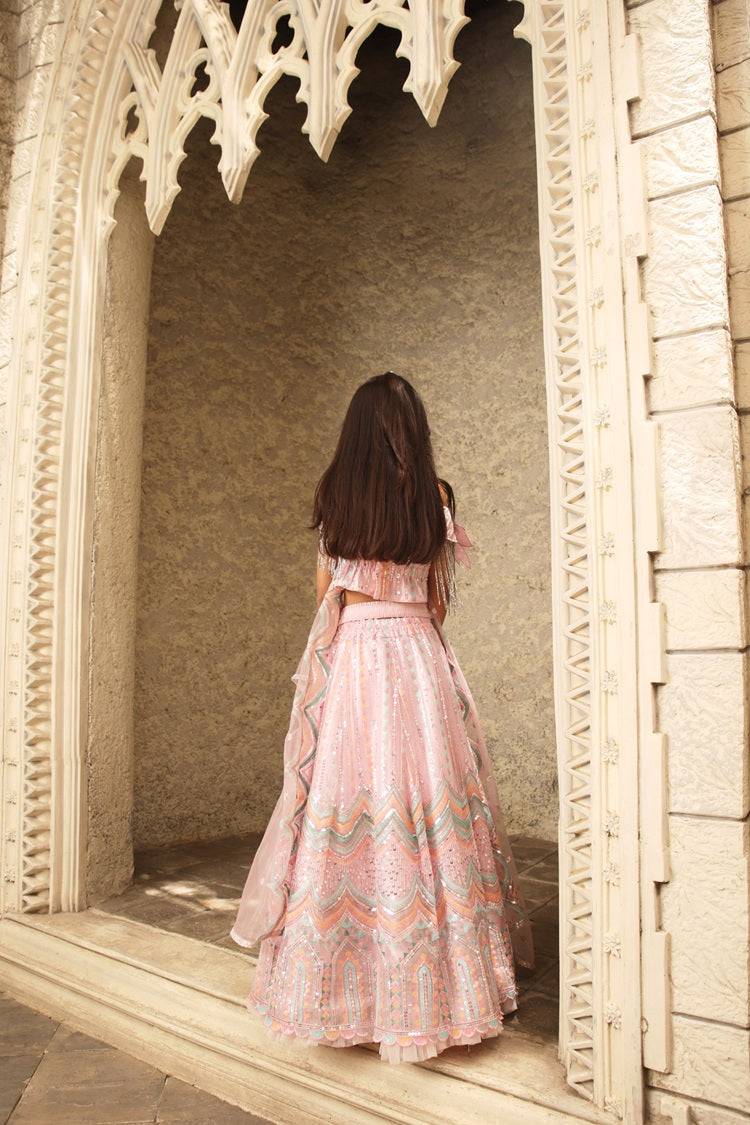 Pink Sequence Embroidery Crop Top Skirt