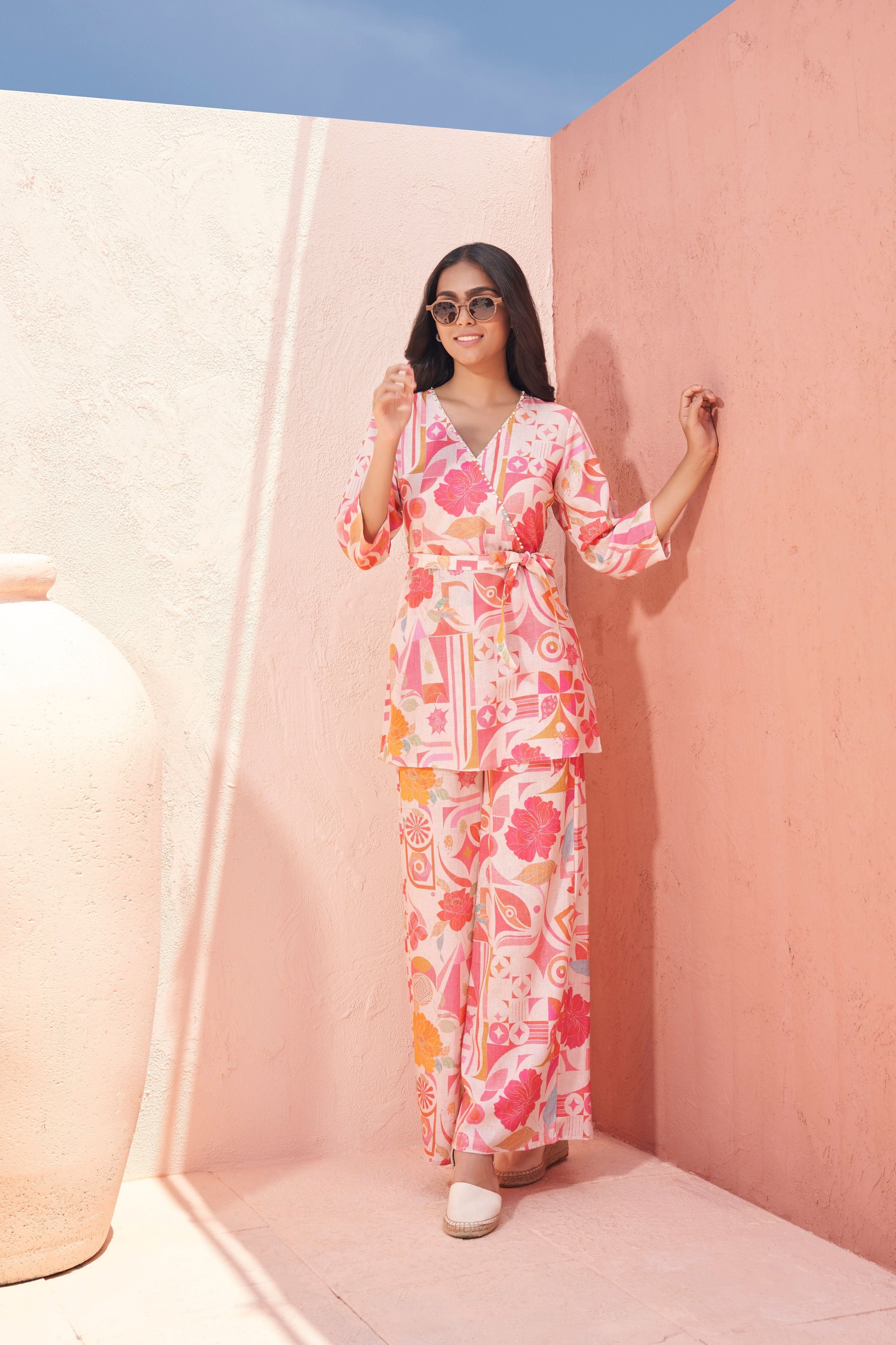 Pink Geometric Floral Printed Co-ord Set  Mokshaa