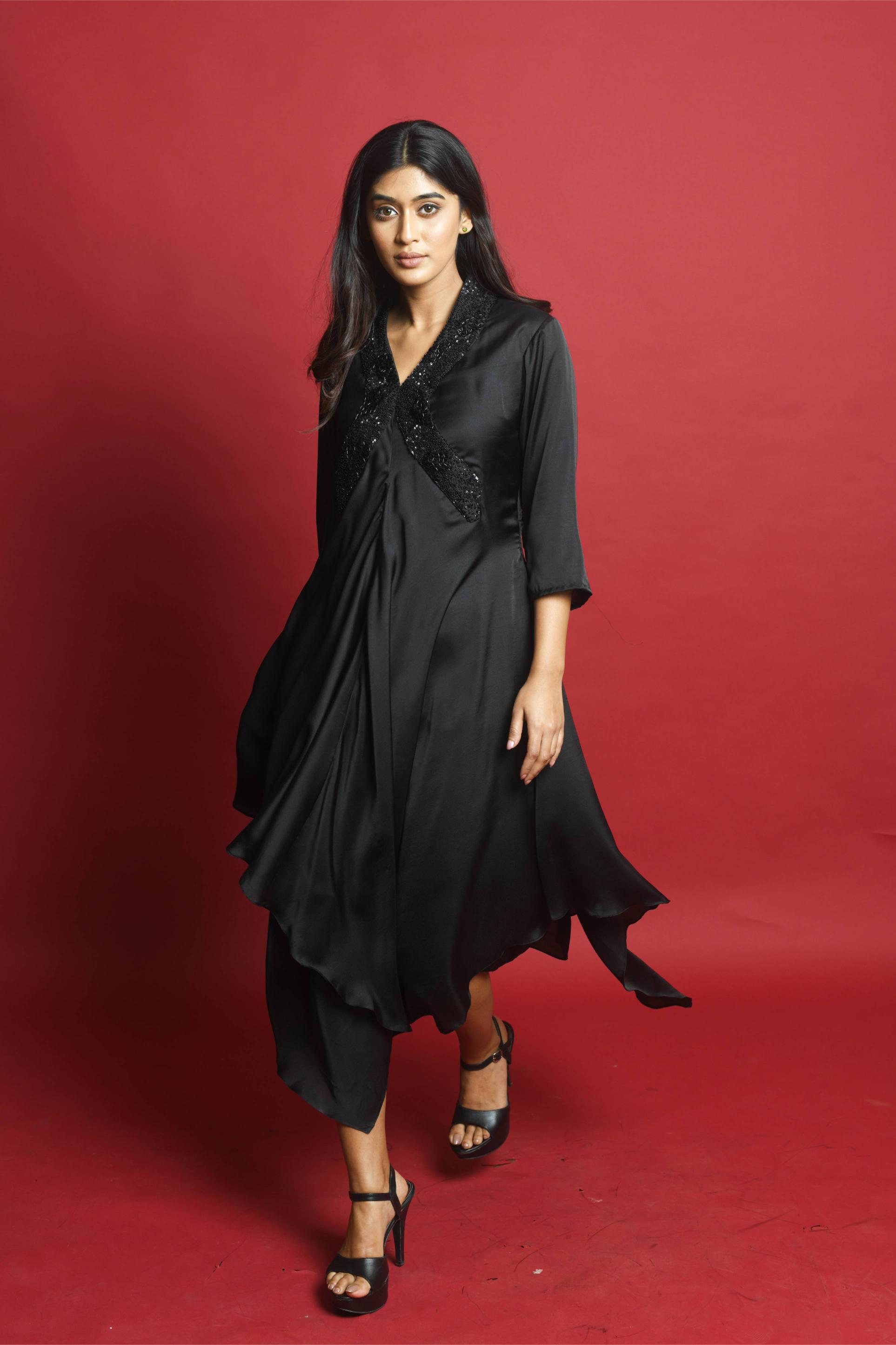 Black Asymmetric Dress with Cutdana & Bead Embroidery
