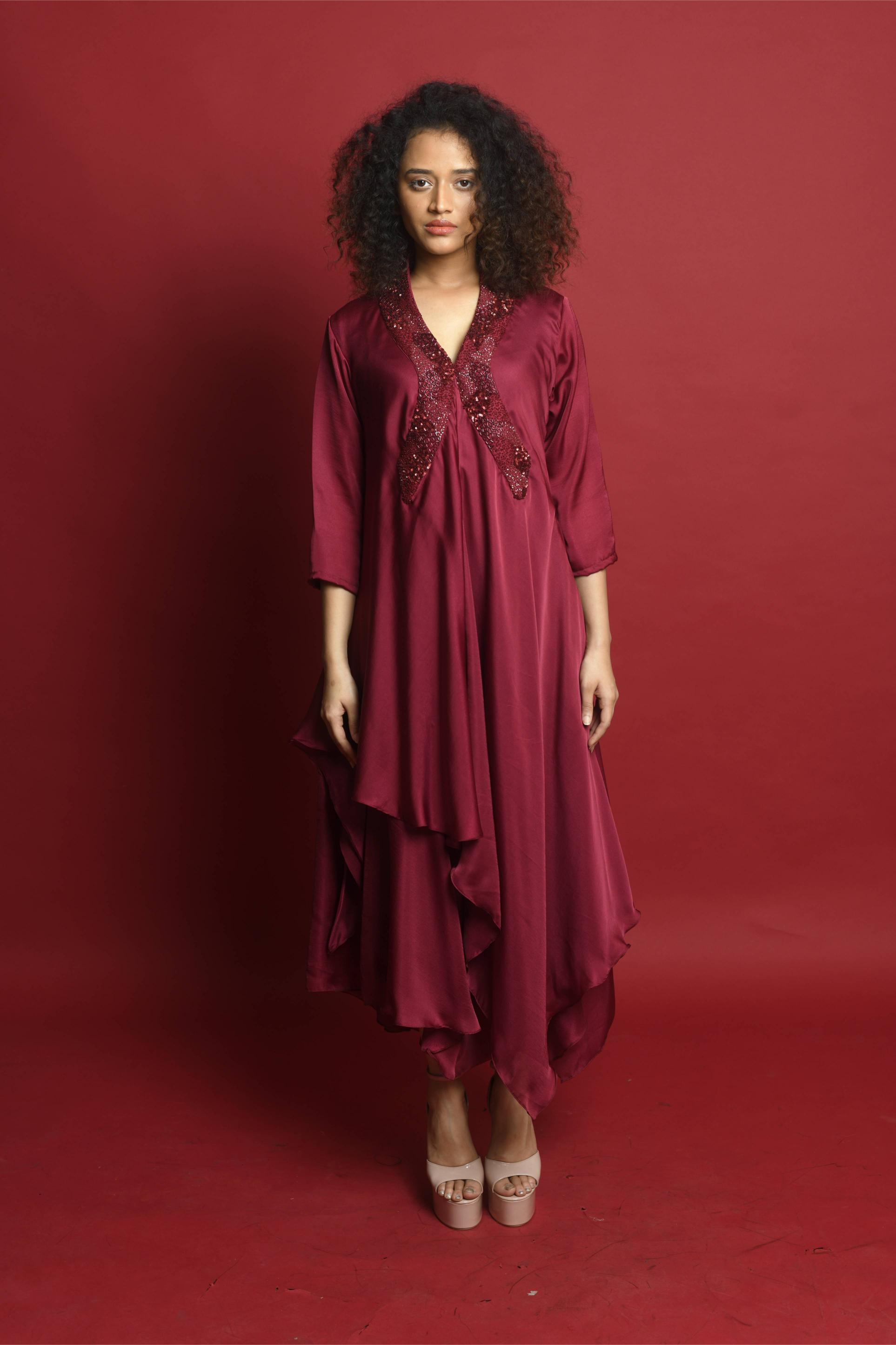 Maroon Asymmetric Dress with Cutdana & Bead Embroidery