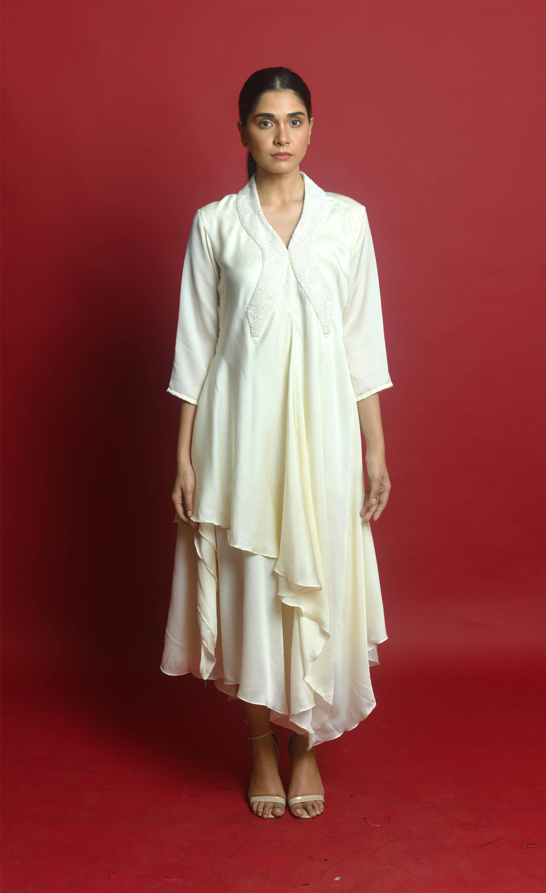 Ivory Asymmetric Dress with Textured Embellished Neckline